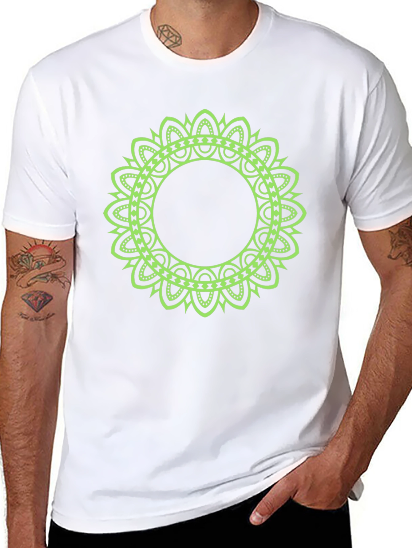 Mens Black T-Shirt with Green Mandala Design