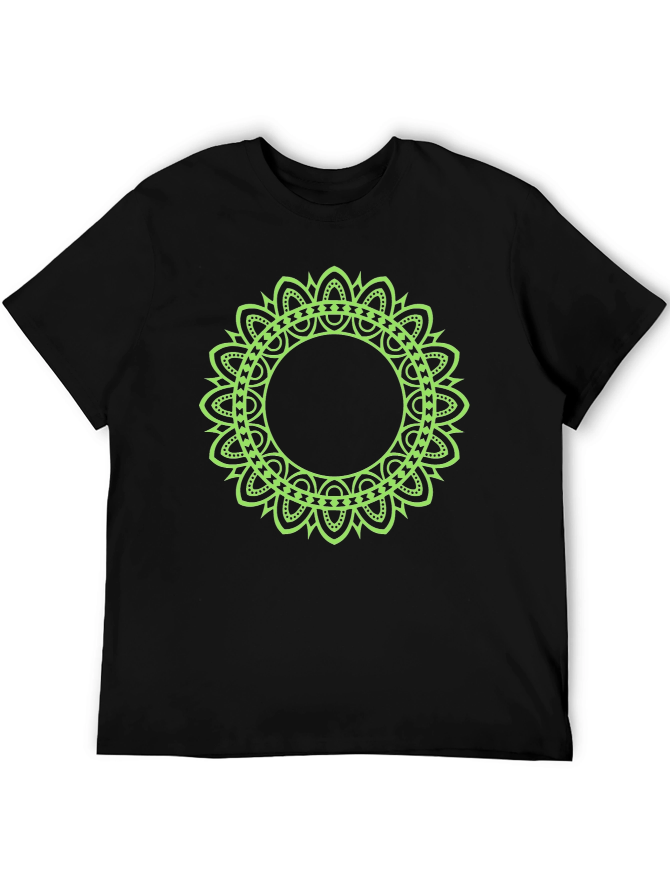 Mens Black T-Shirt with Green Mandala Design