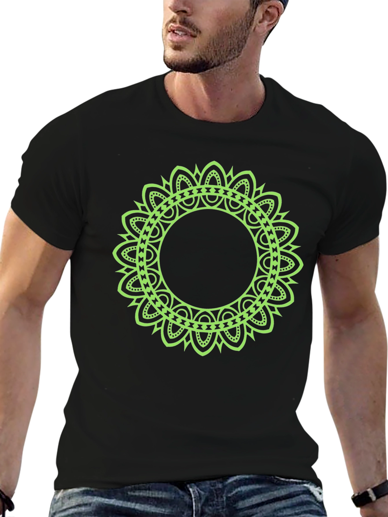Mens Black T-Shirt with Green Mandala Design