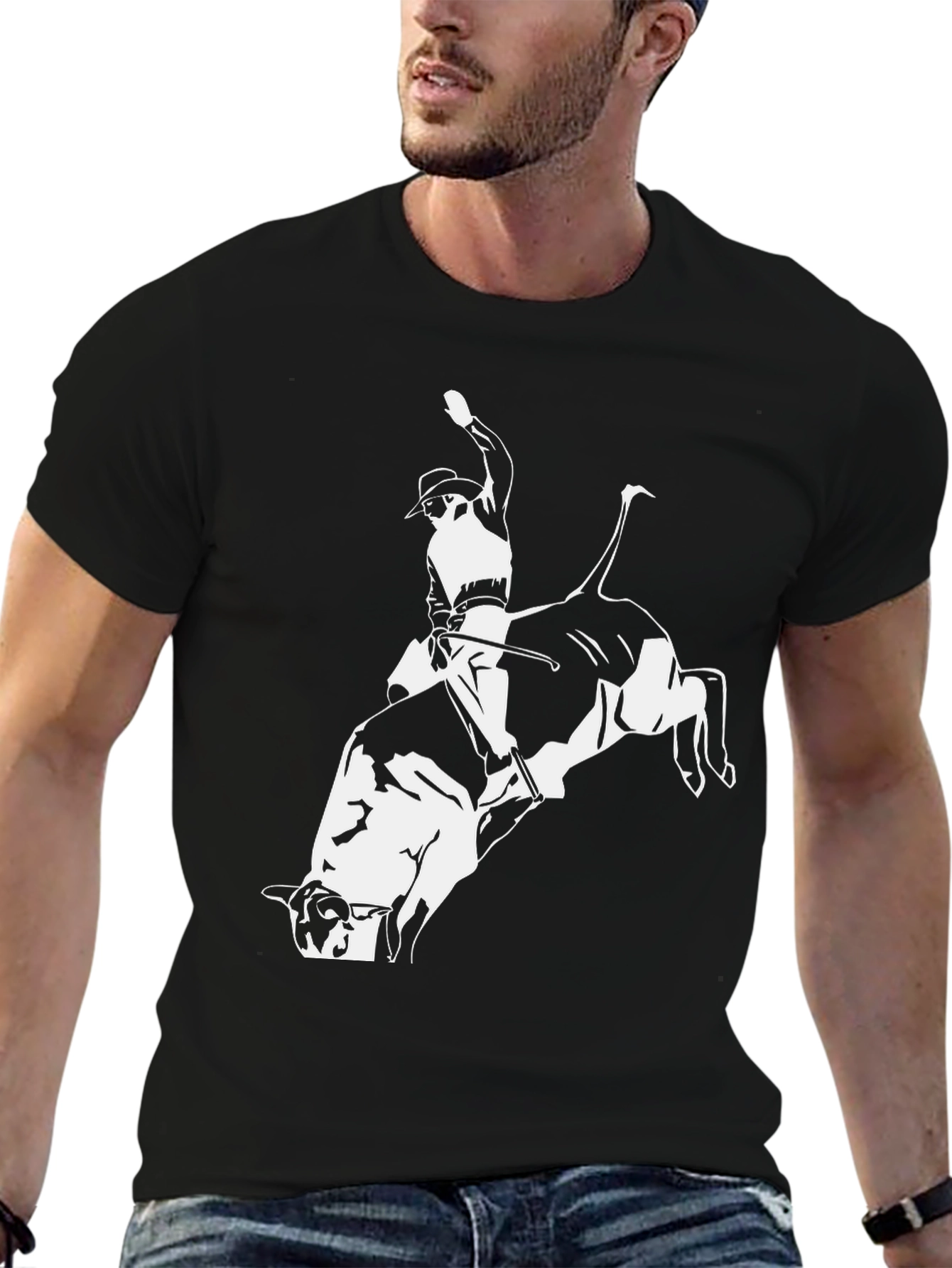 Bull Riding Graphic Tee - Black Cotton T-Shirt
