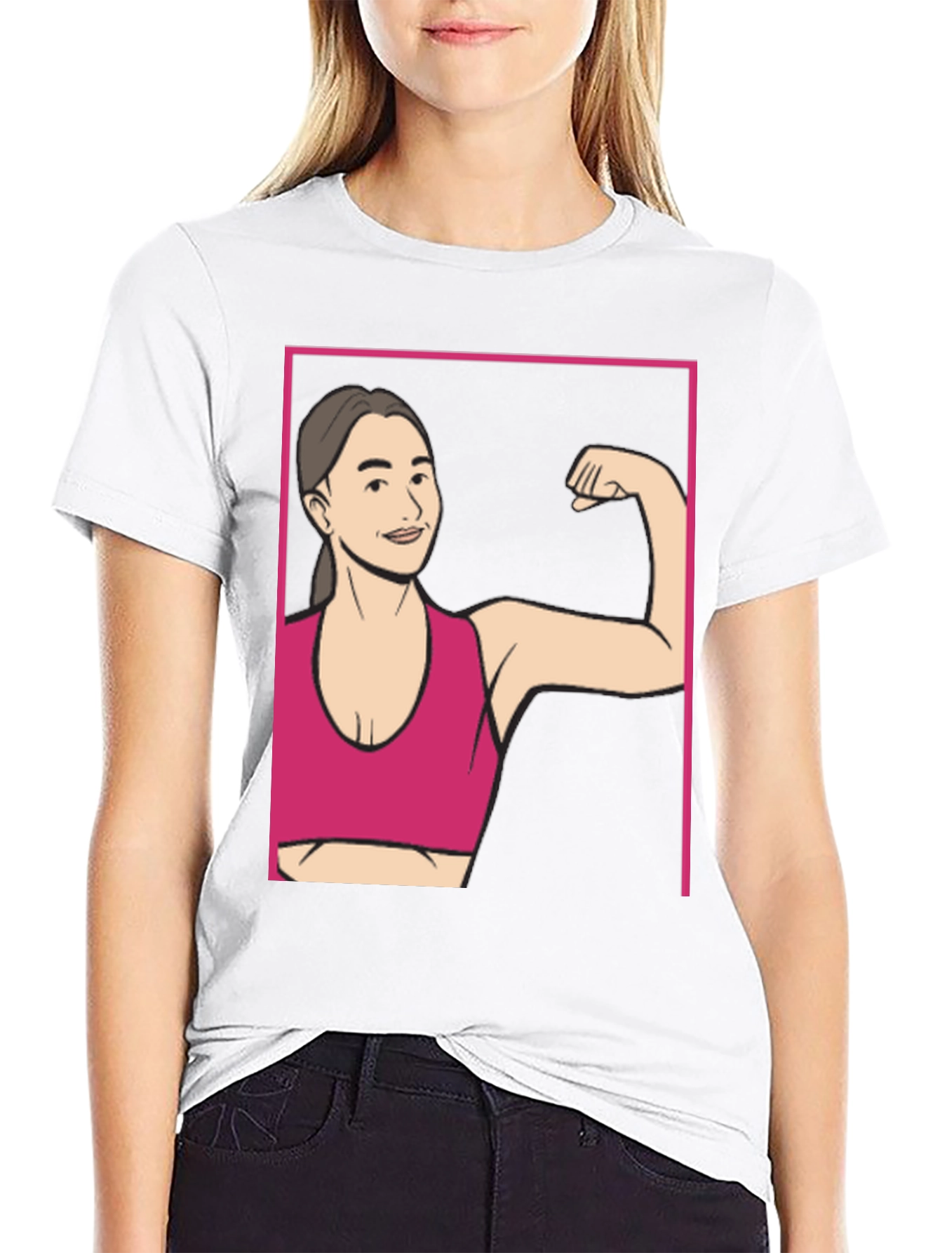 Strong Woman Cartoon Graphic Tee - Black Cotton Shirt