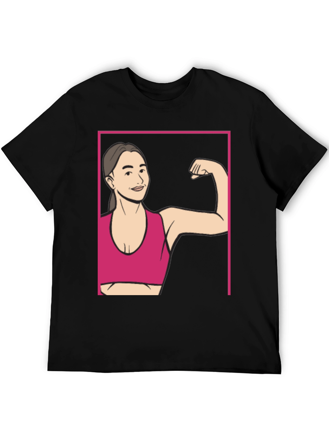 Strong Woman Cartoon Graphic Tee - Black Cotton Shirt