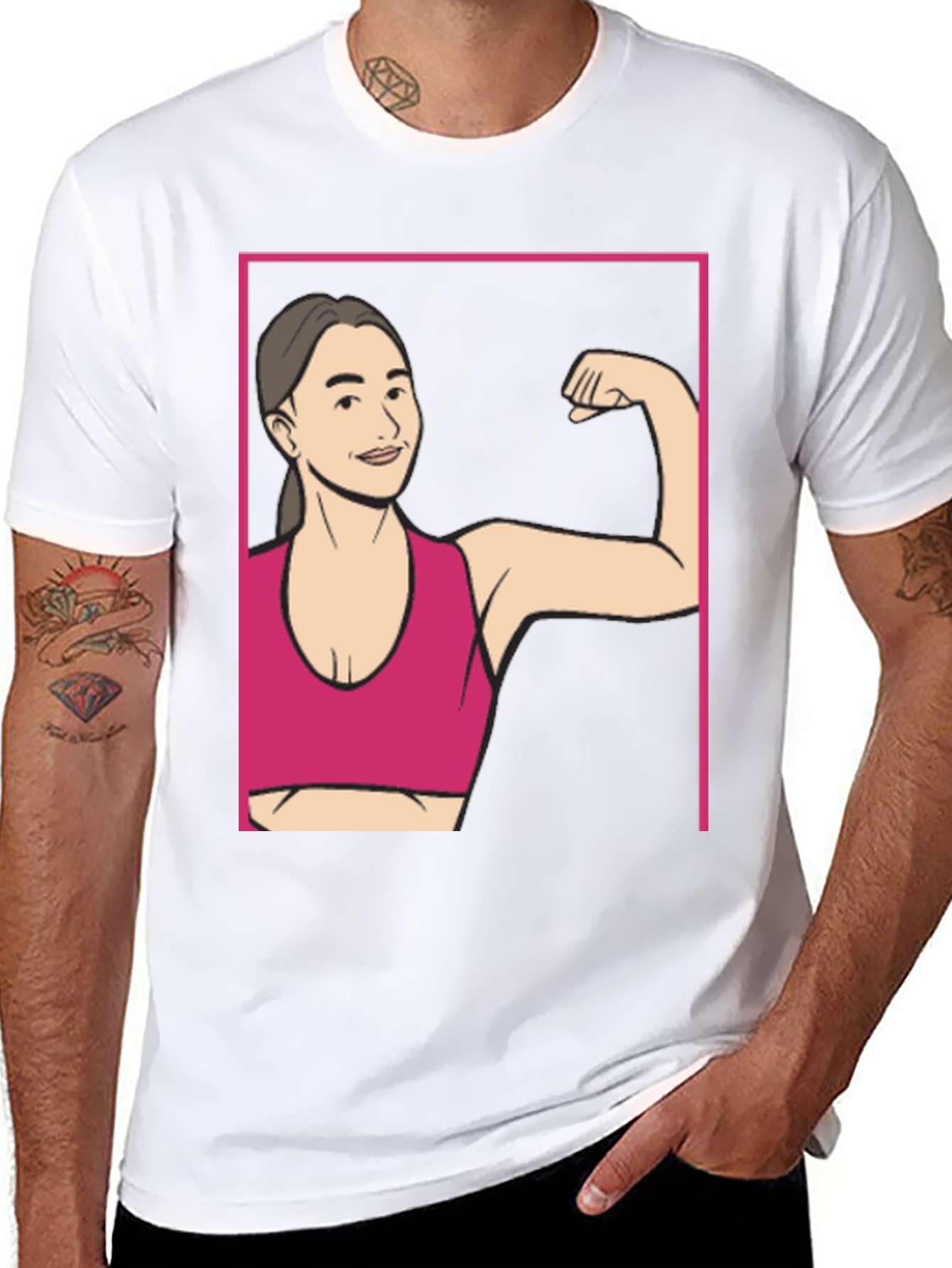 Strong Woman Cartoon Graphic Tee - Black Cotton Shirt