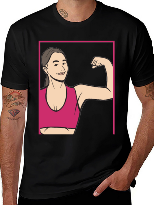 Strong Woman Cartoon Graphic Tee - Black Cotton Shirt