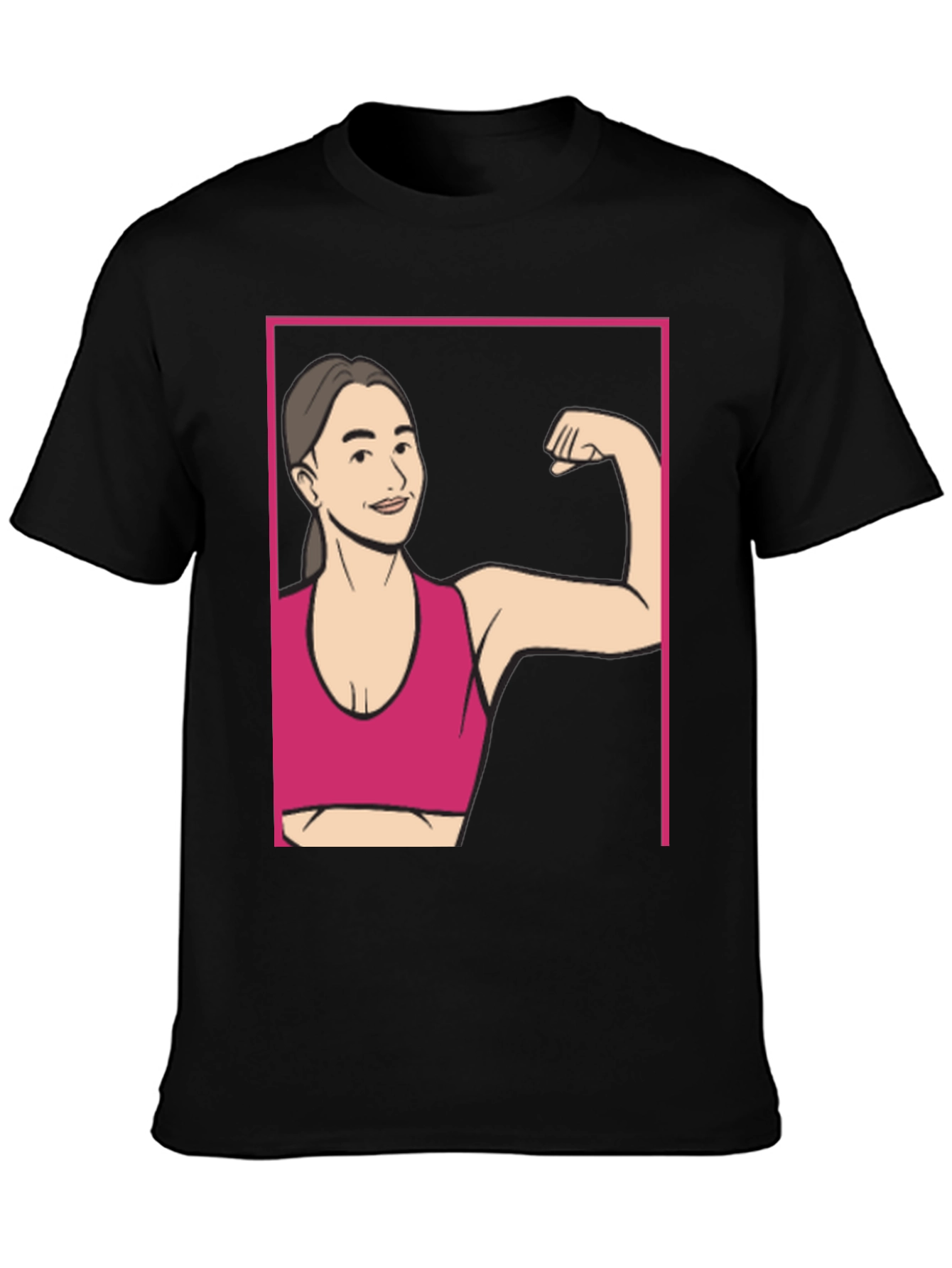 Strong Woman Cartoon Graphic Tee - Black Cotton Shirt