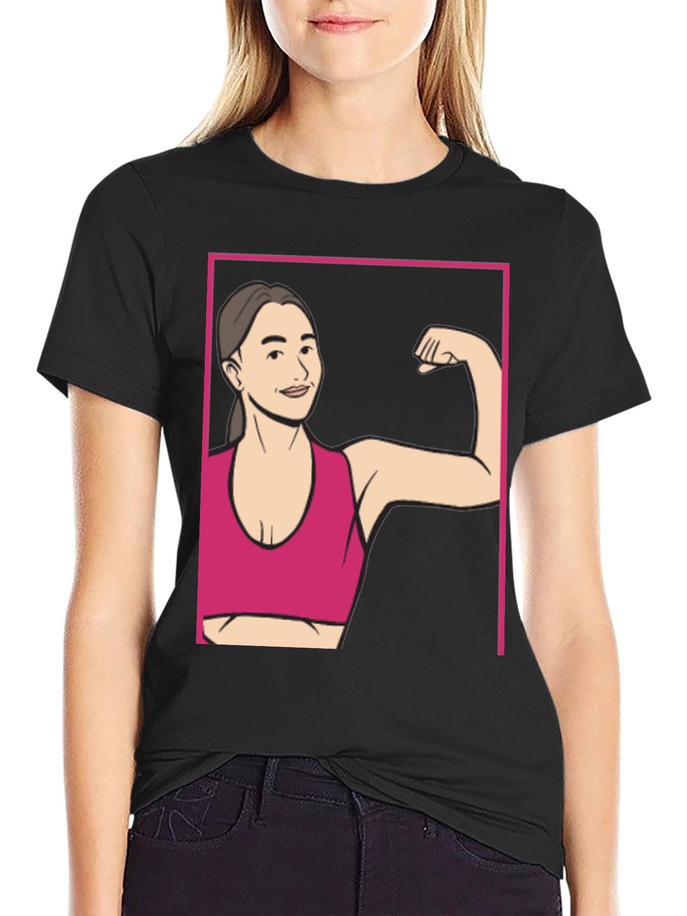 Strong Woman Cartoon Graphic Tee - Black Cotton Shirt