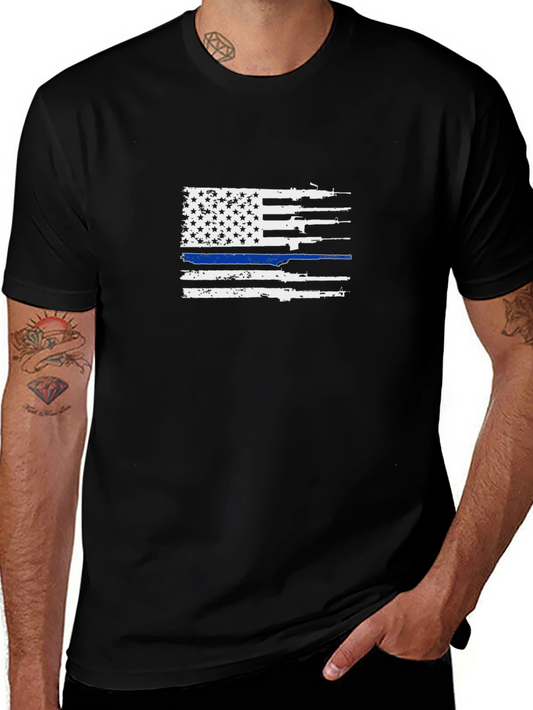 Thin Blue Line USA Flag Gun Graphic Tee - Patriotic Support Shirt