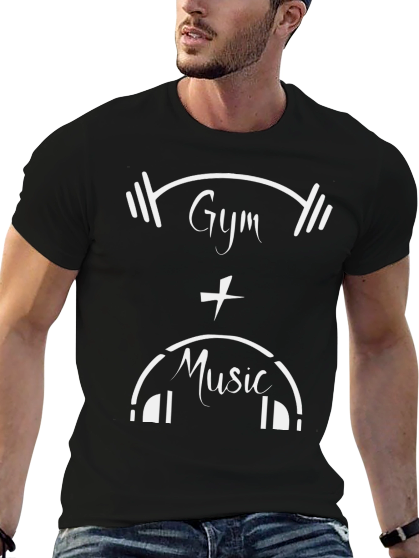 Gym and Music Graphic Tee - Black Cotton T-Shirt