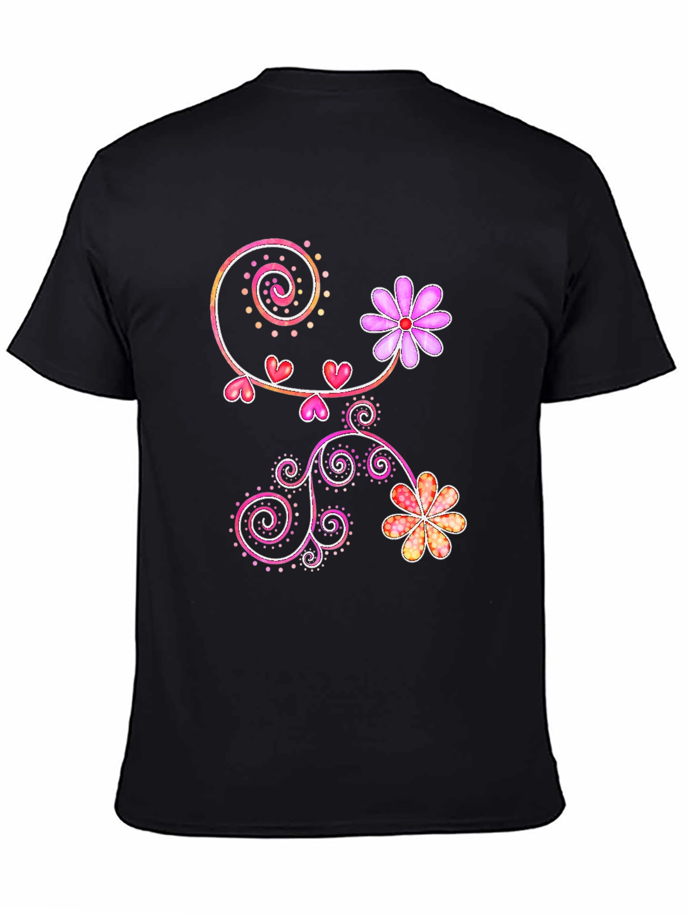 Floral Heart Swirl Design Black T-Shirt