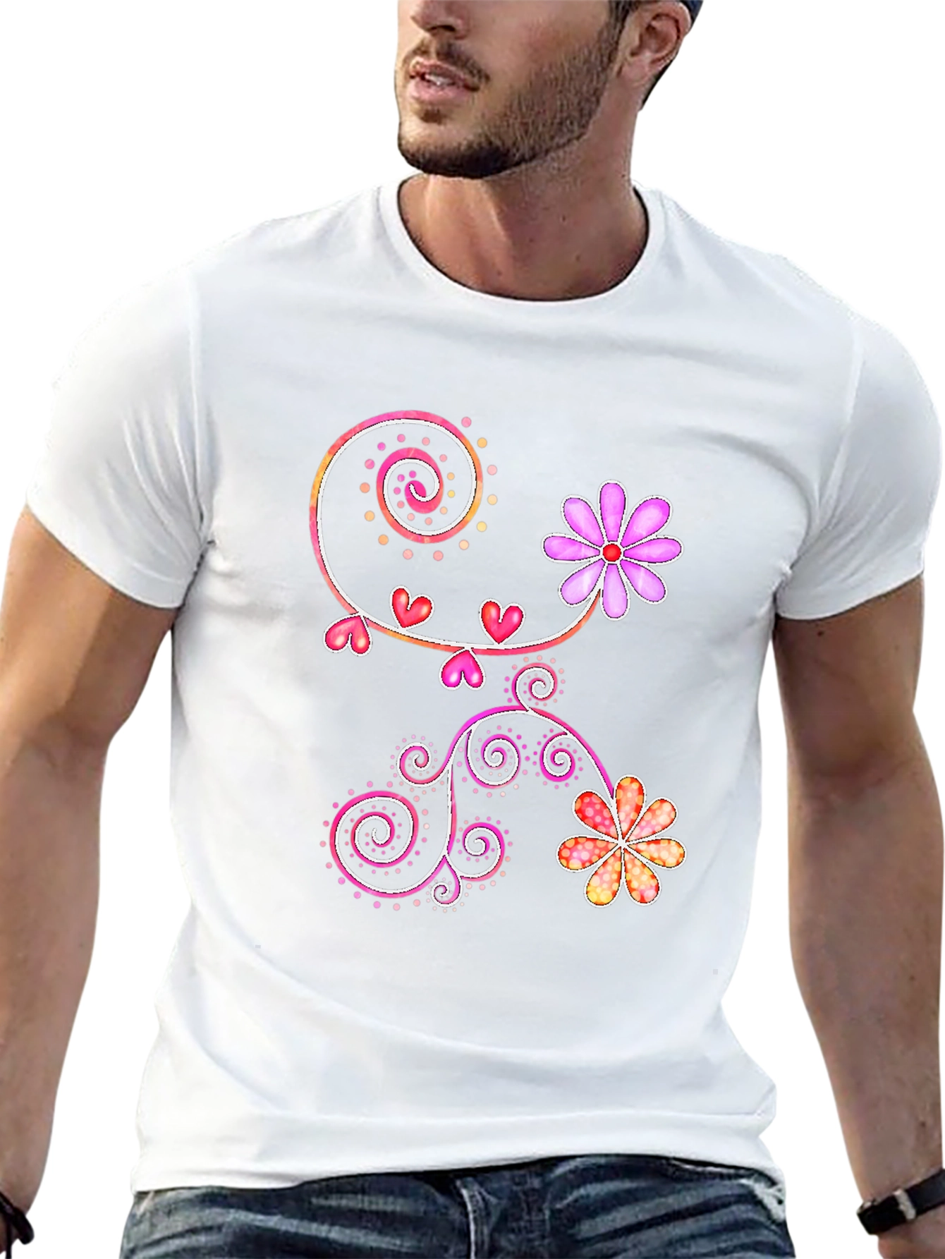 Floral Heart Swirl Design Black T-Shirt