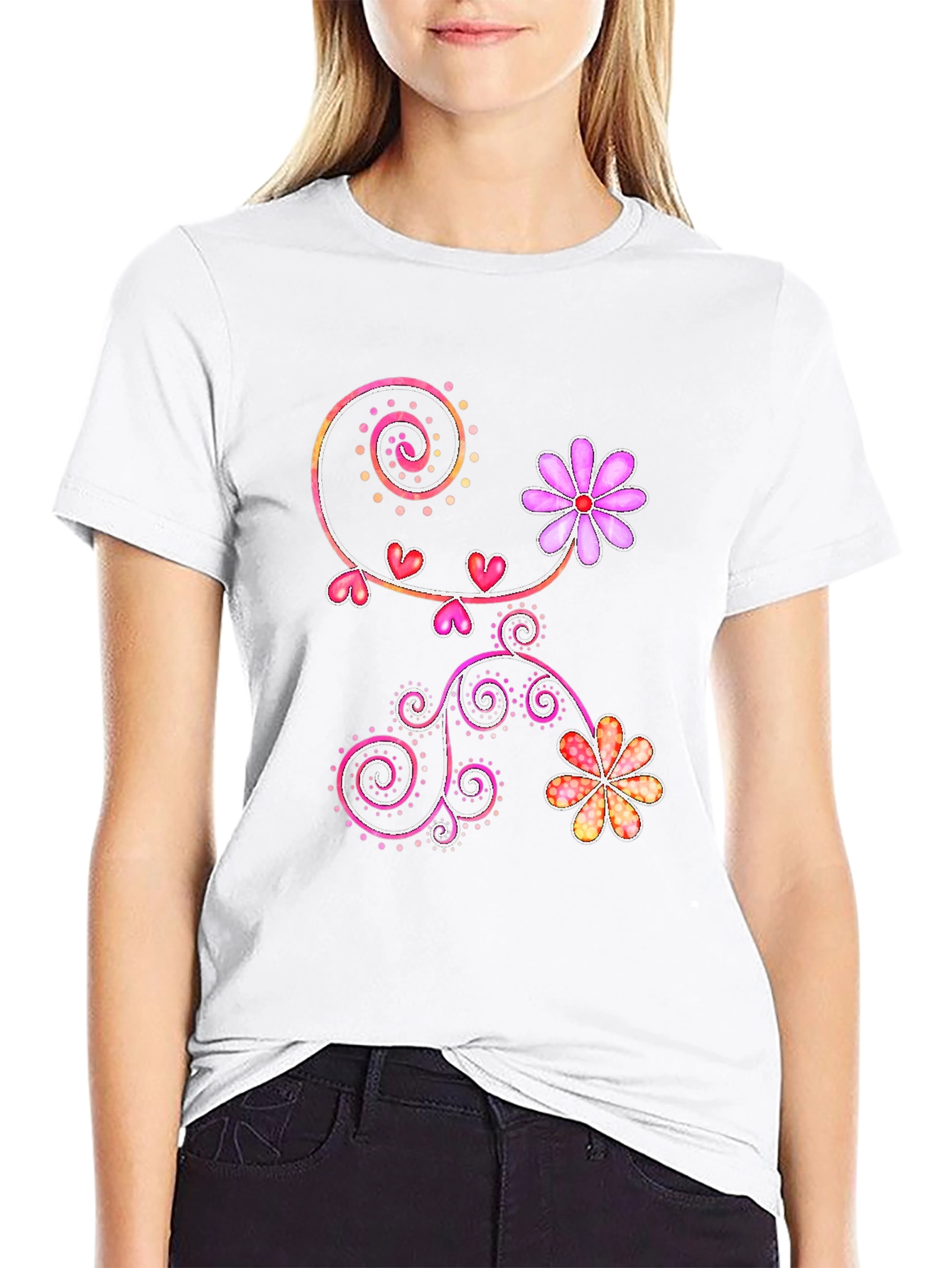 Floral Heart Swirl Design Black T-Shirt