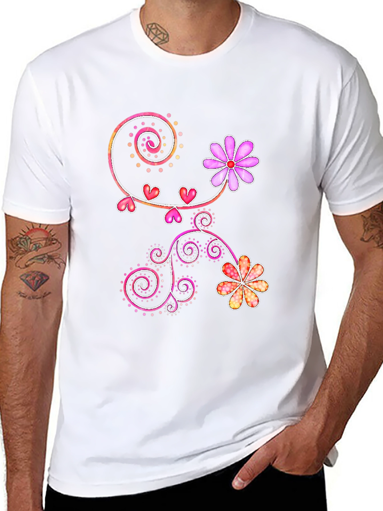 Floral Heart Swirl Design Black T-Shirt