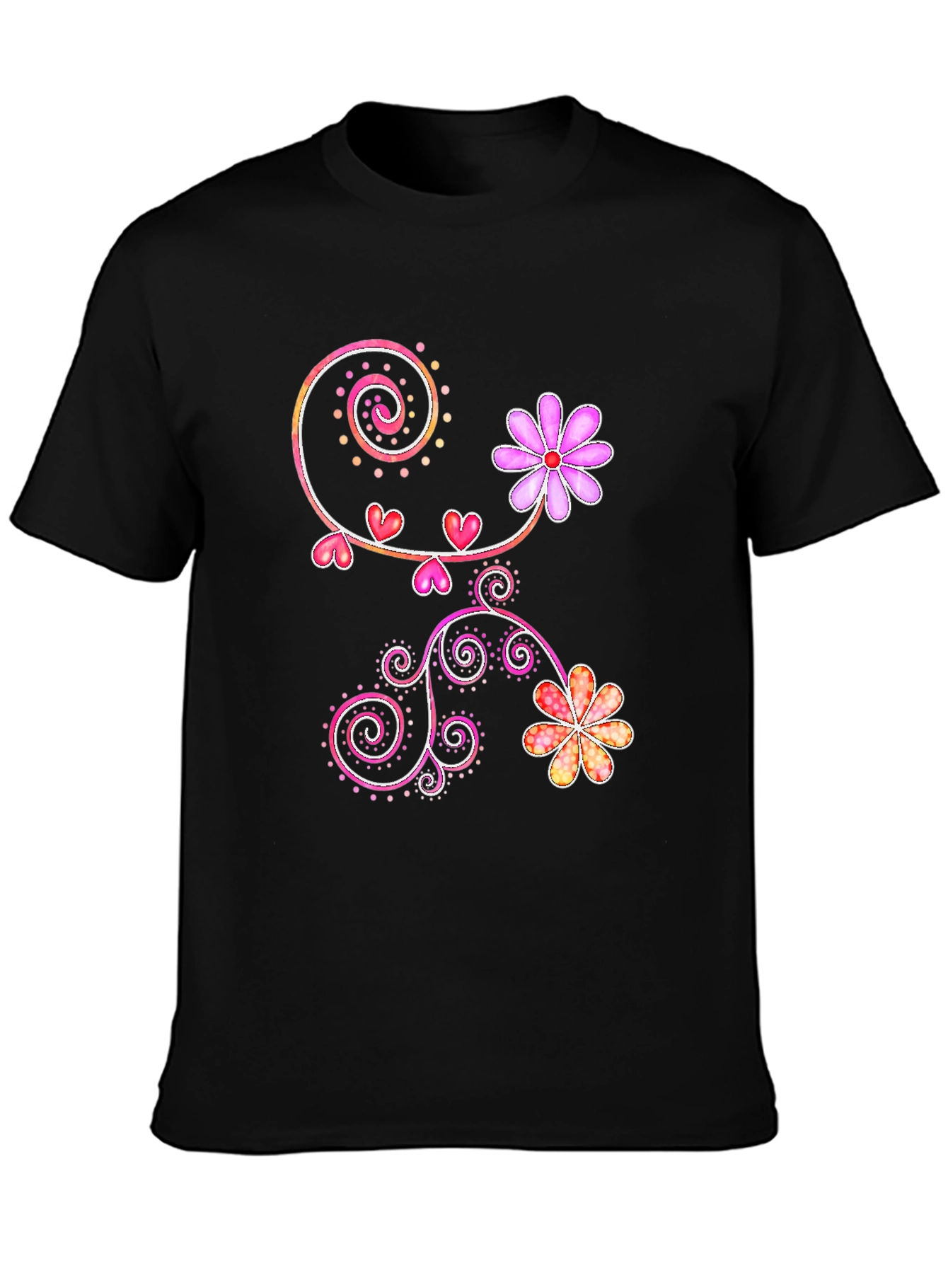Floral Heart Swirl Design Black T-Shirt