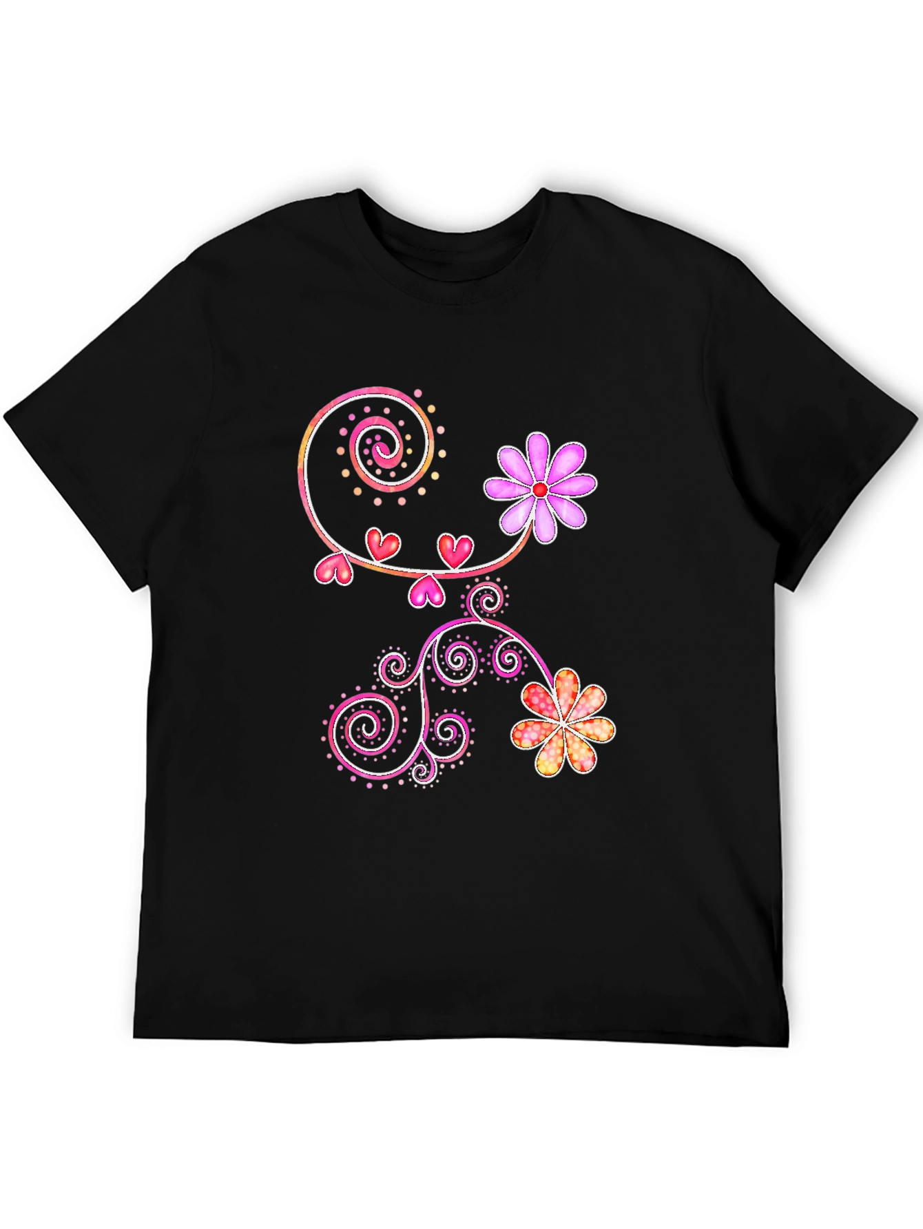 Floral Heart Swirl Design Black T-Shirt