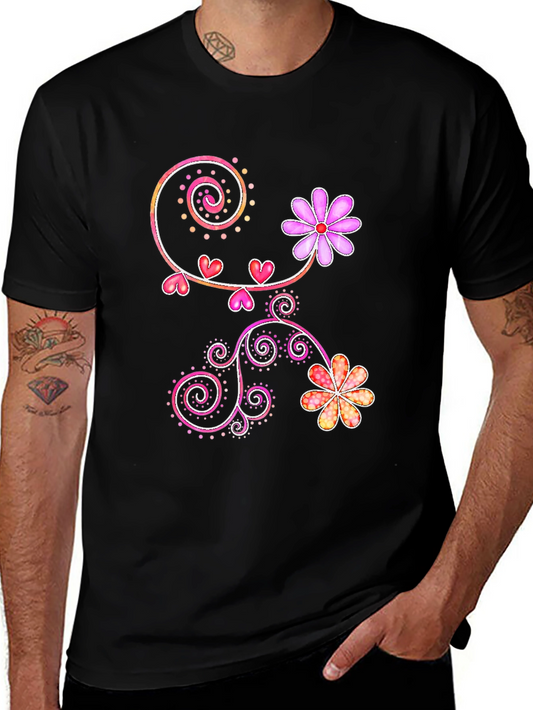 Floral Heart Swirl Design Black T-Shirt