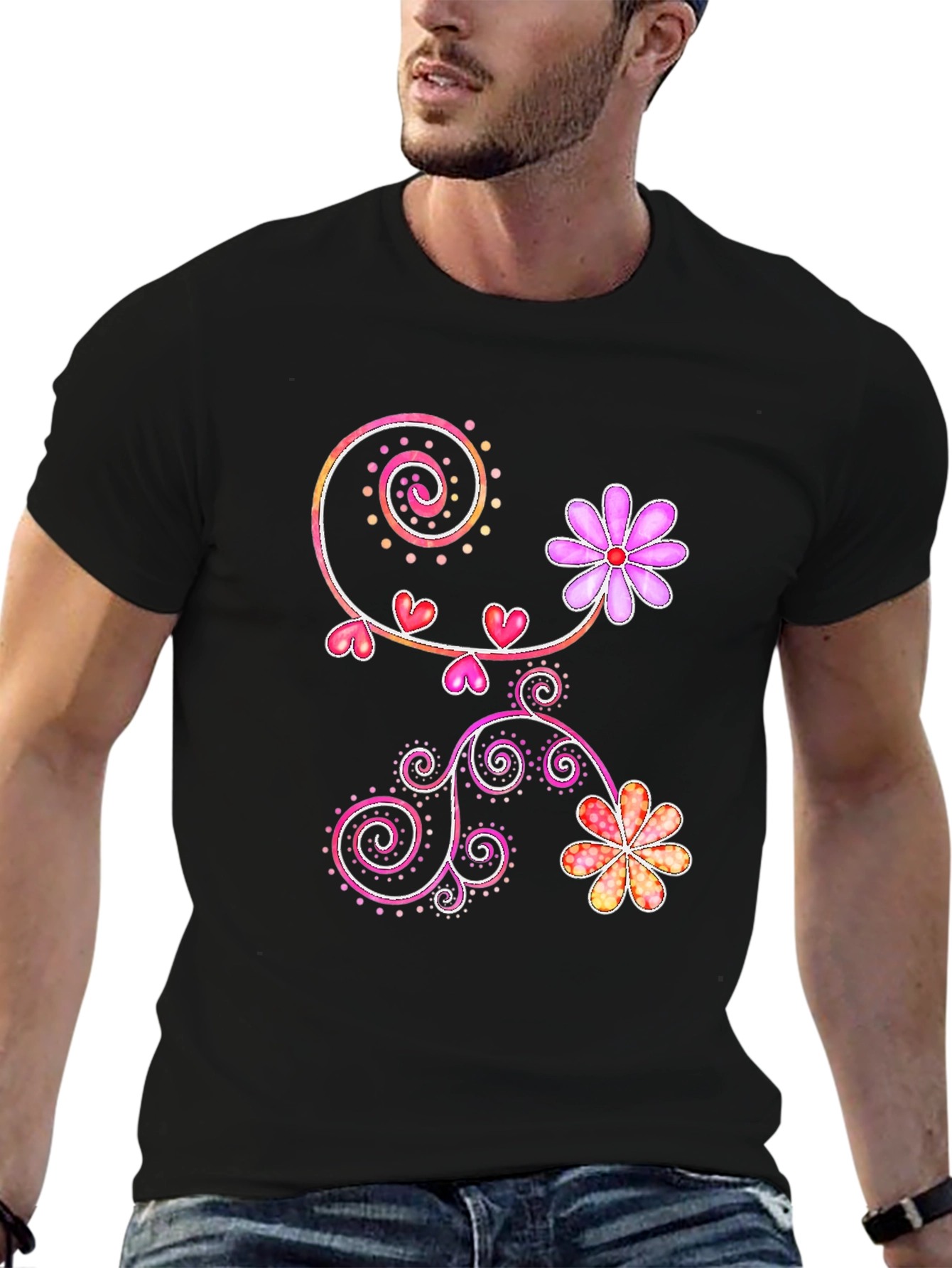 Floral Heart Swirl Design Black T-Shirt