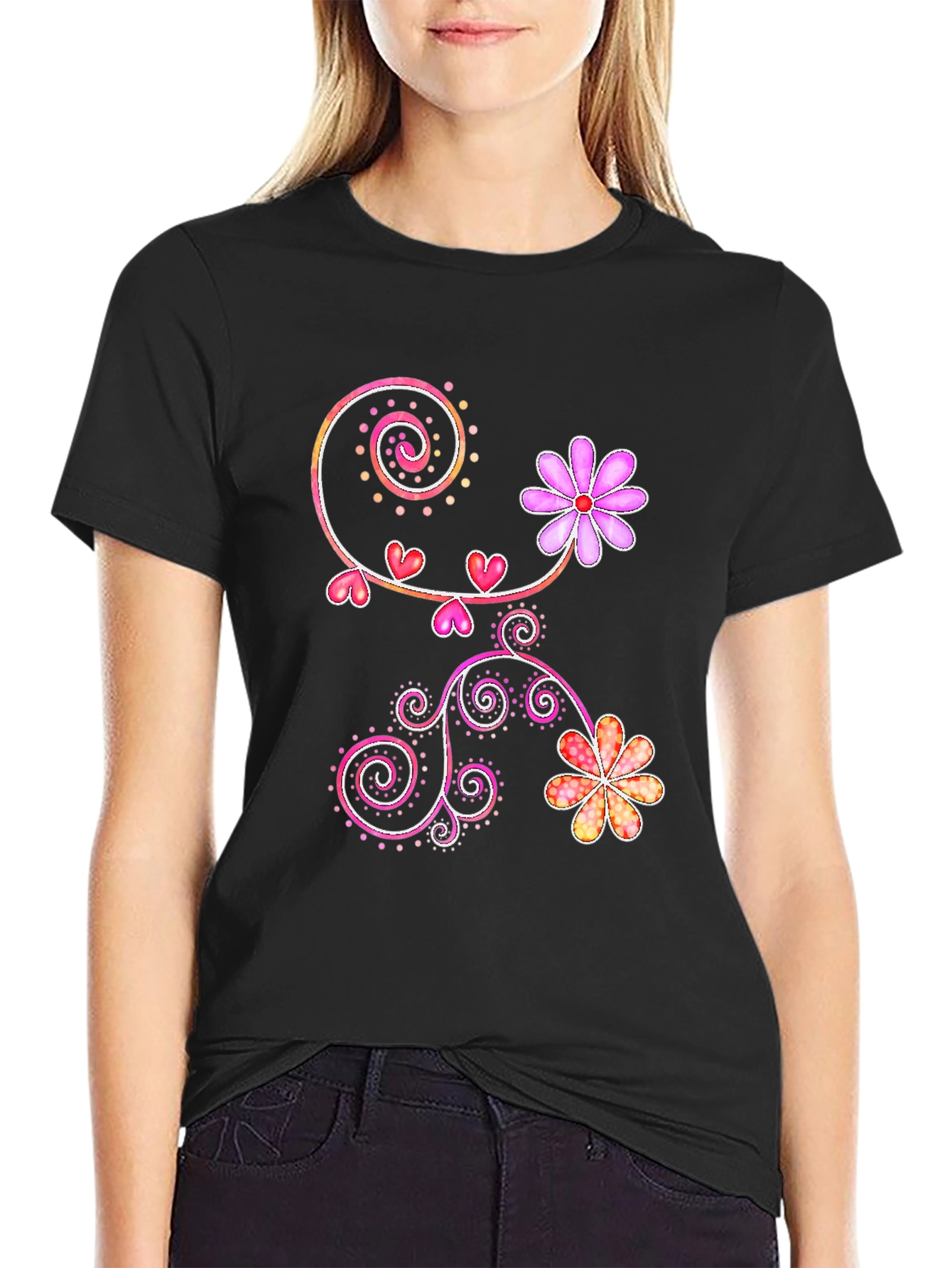 Floral Heart Swirl Design Black T-Shirt