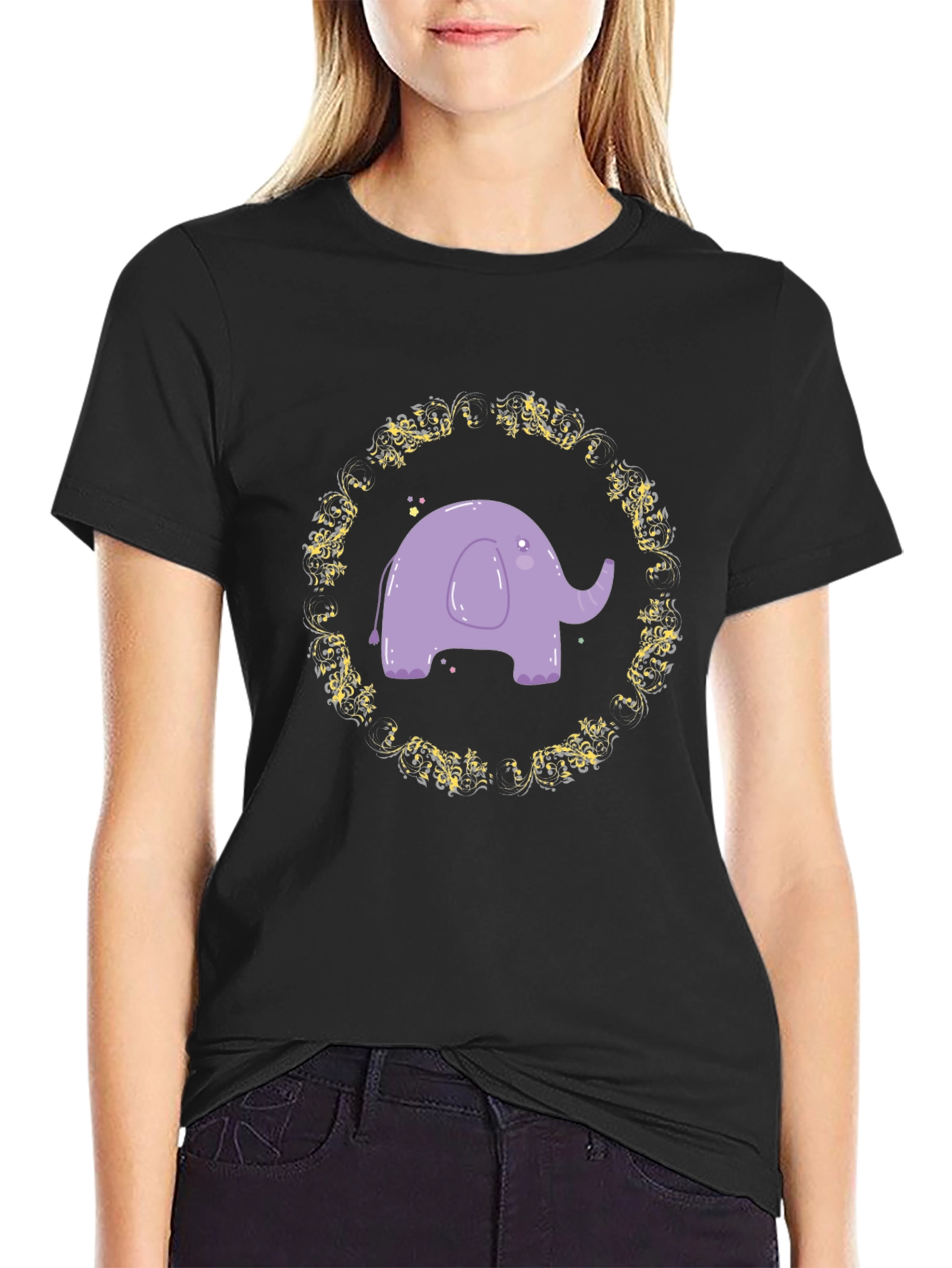 Cute Elephant Graphic Tee - Black