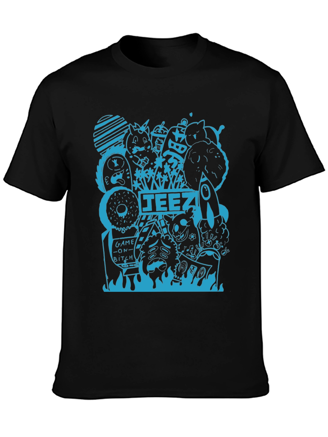 Graphic Tee - Black T-Shirt with Blue Doodle Design