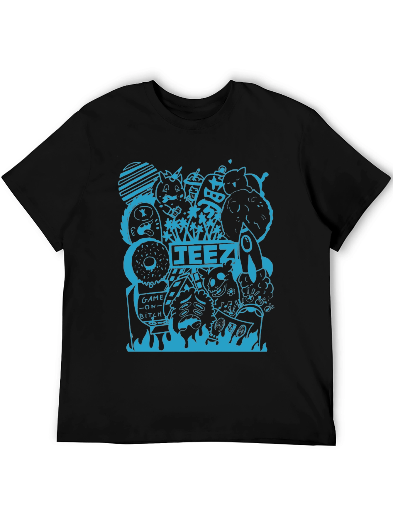 Graphic Tee - Black T-Shirt with Blue Doodle Design