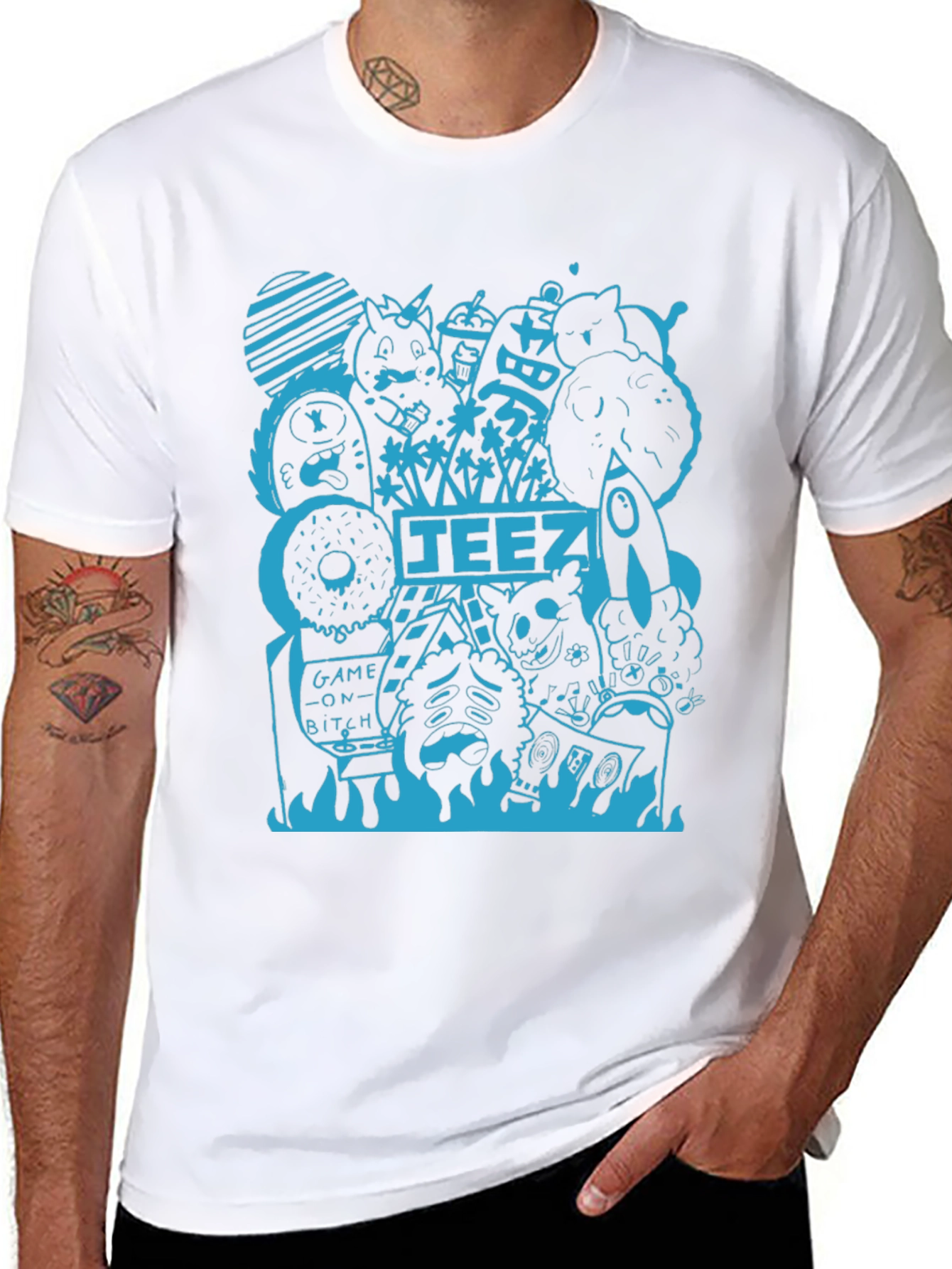 Graphic Tee - Black T-Shirt with Blue Doodle Design