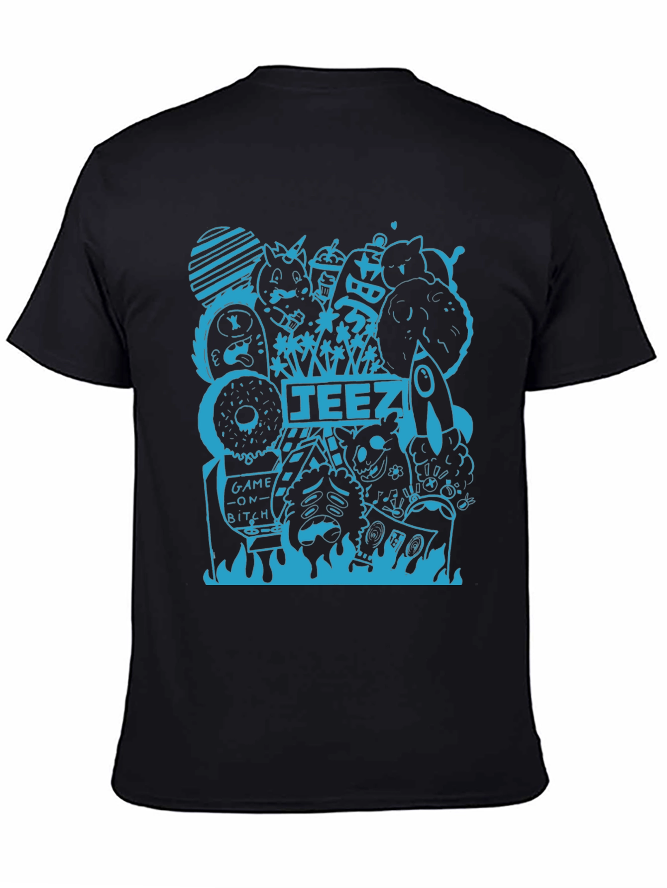 Graphic Tee - Black T-Shirt with Blue Doodle Design