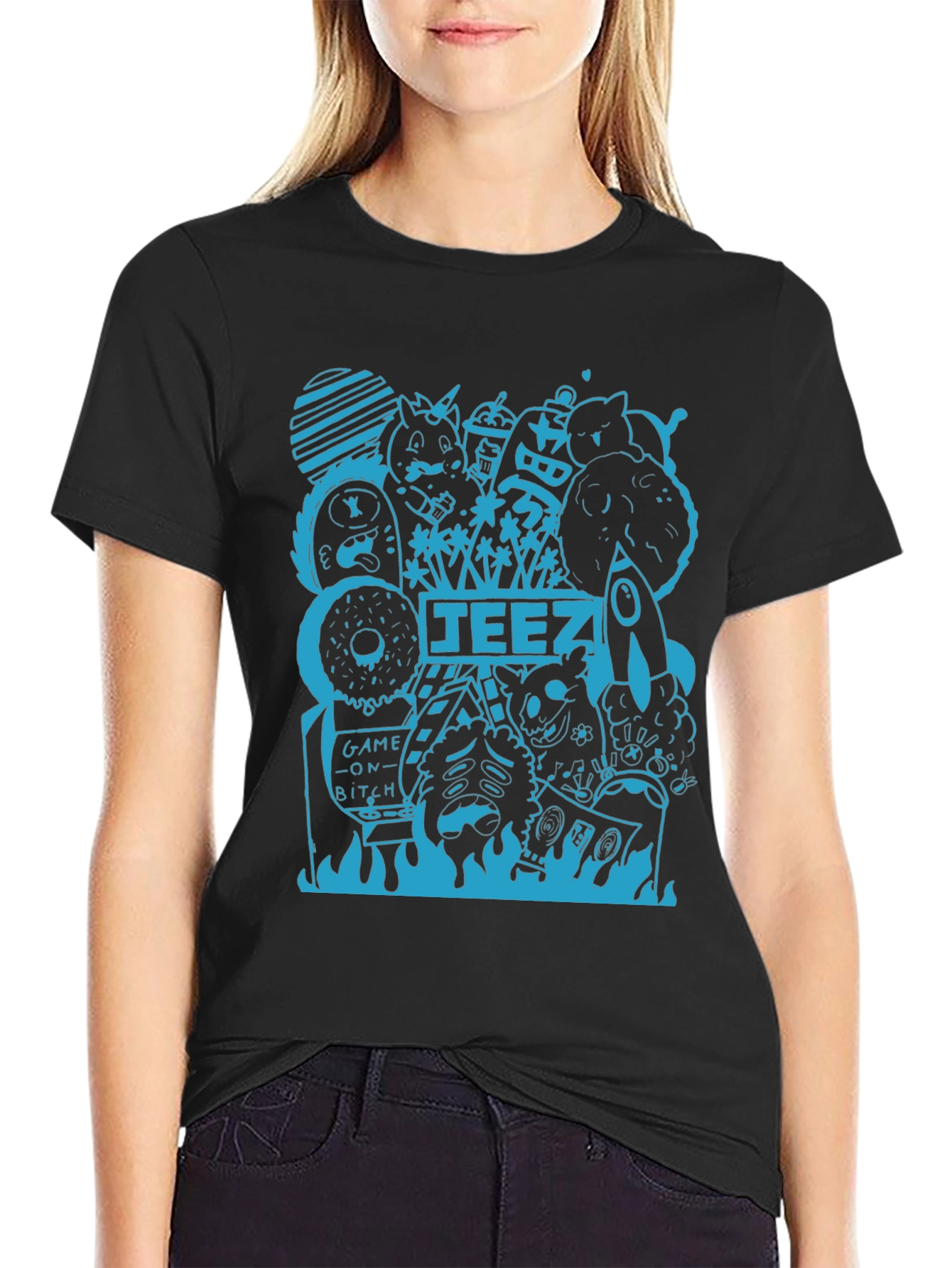 Graphic Tee - Black T-Shirt with Blue Doodle Design