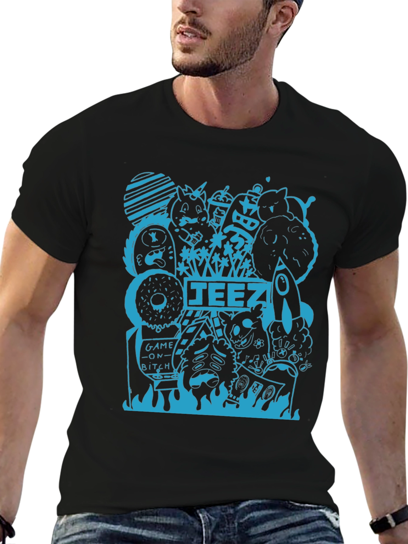 Graphic Tee - Black T-Shirt with Blue Doodle Design