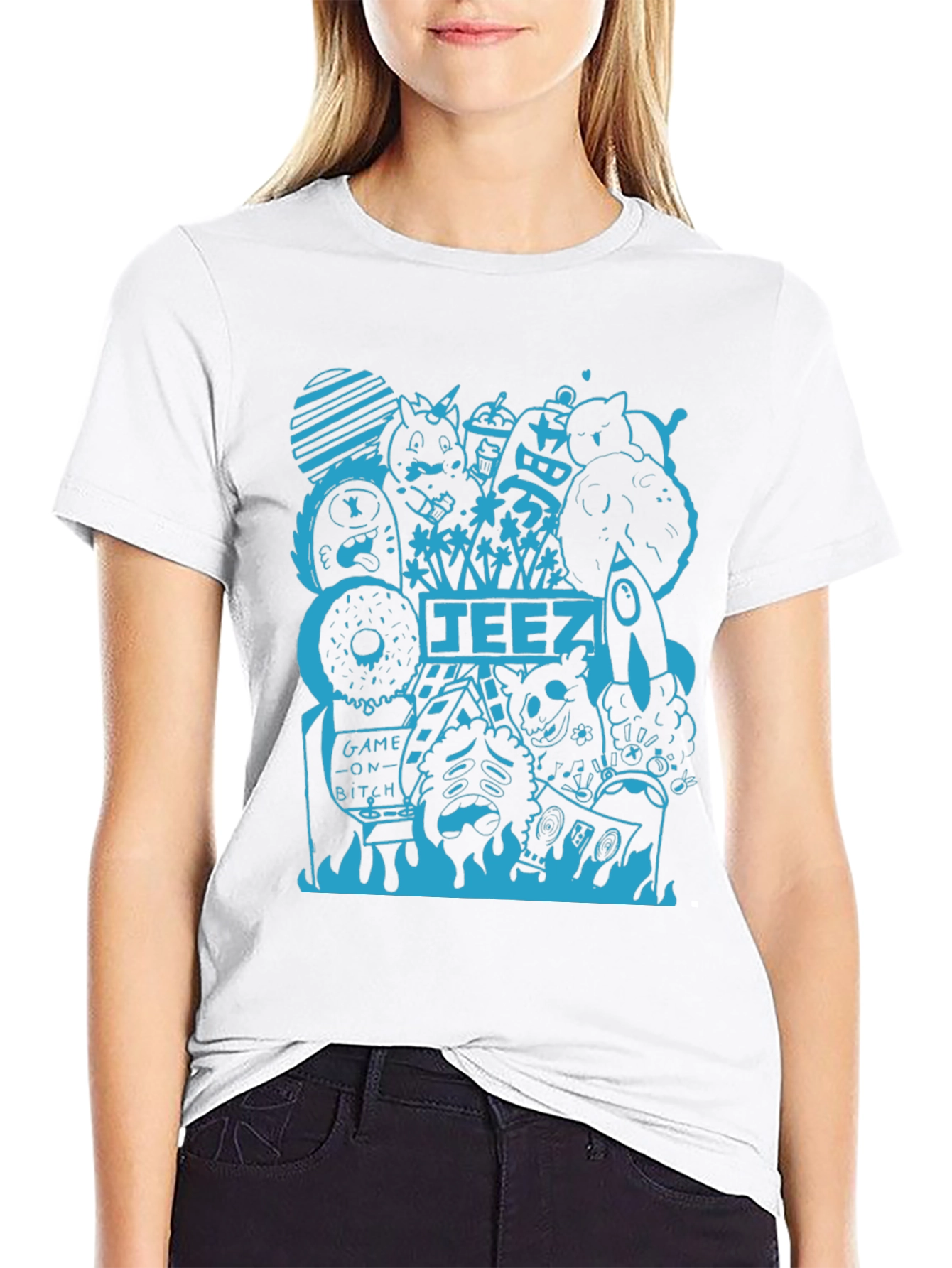 Graphic Tee - Black T-Shirt with Blue Doodle Design