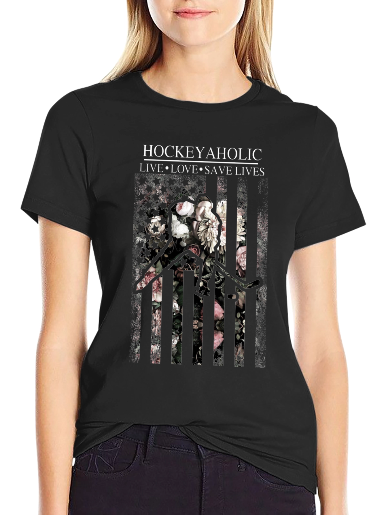 Hockeyaholic Floral Stripe Graphic Tee