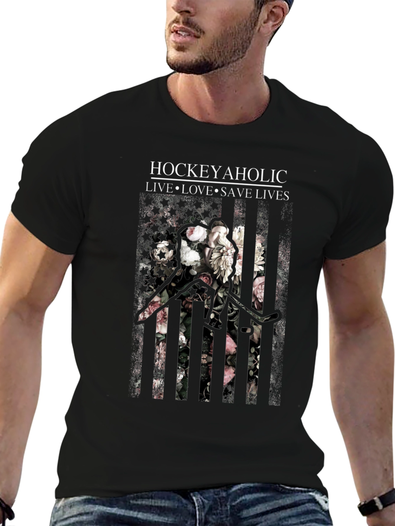 Hockeyaholic Floral Stripe Graphic Tee