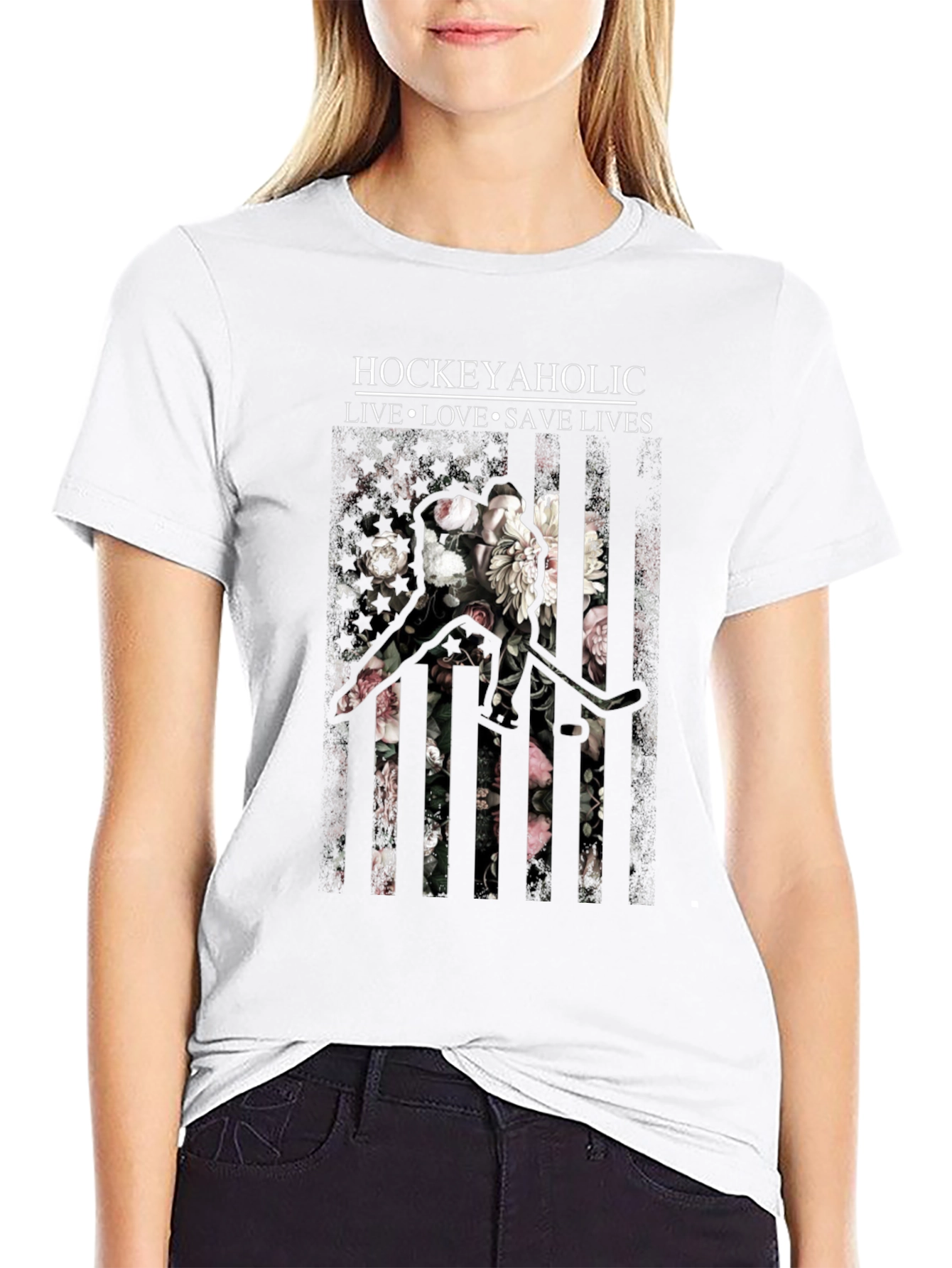 Hockeyaholic Floral Stripe Graphic Tee