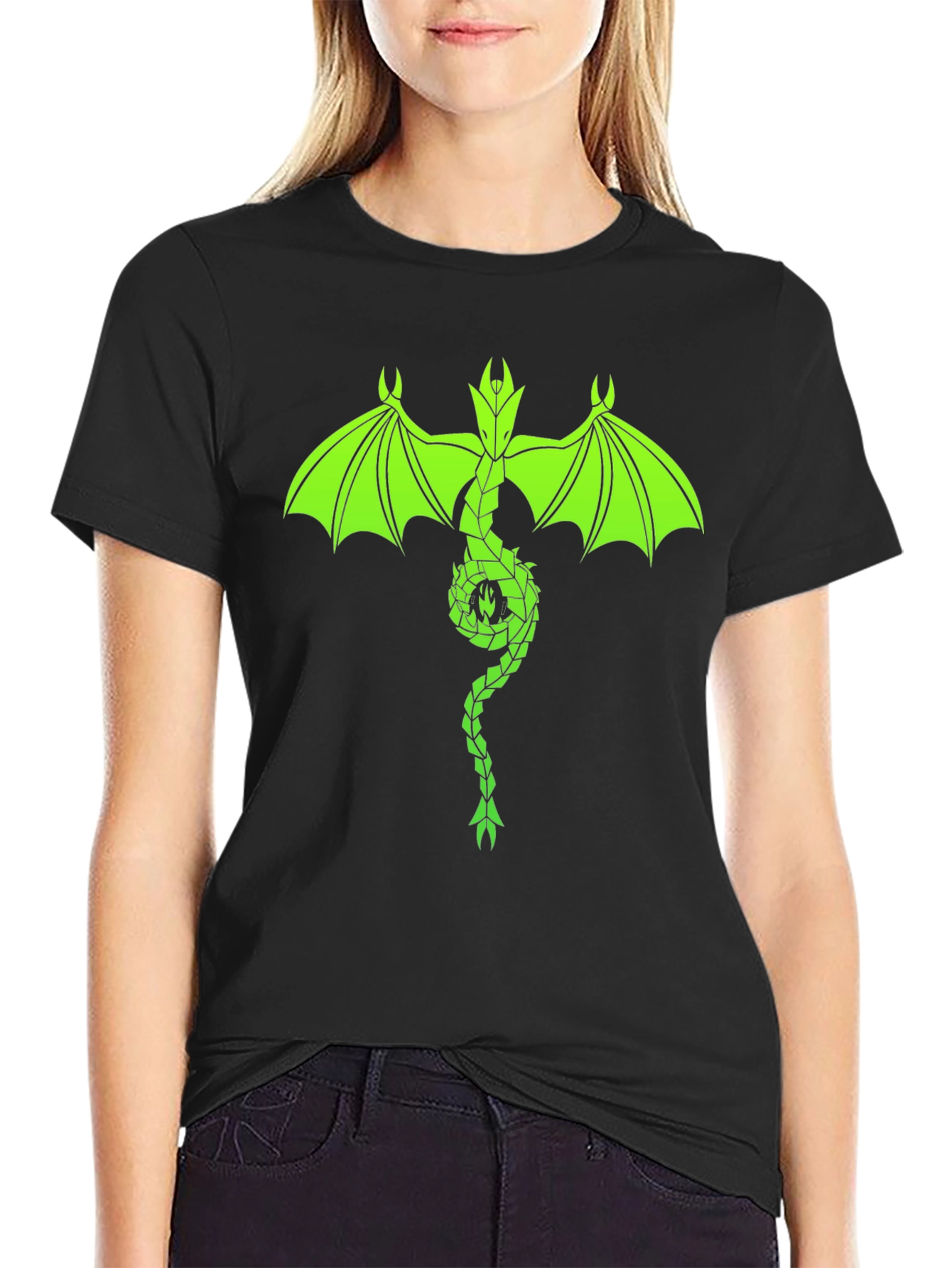 Neon Green Dragon Graphic Black T-Shirt