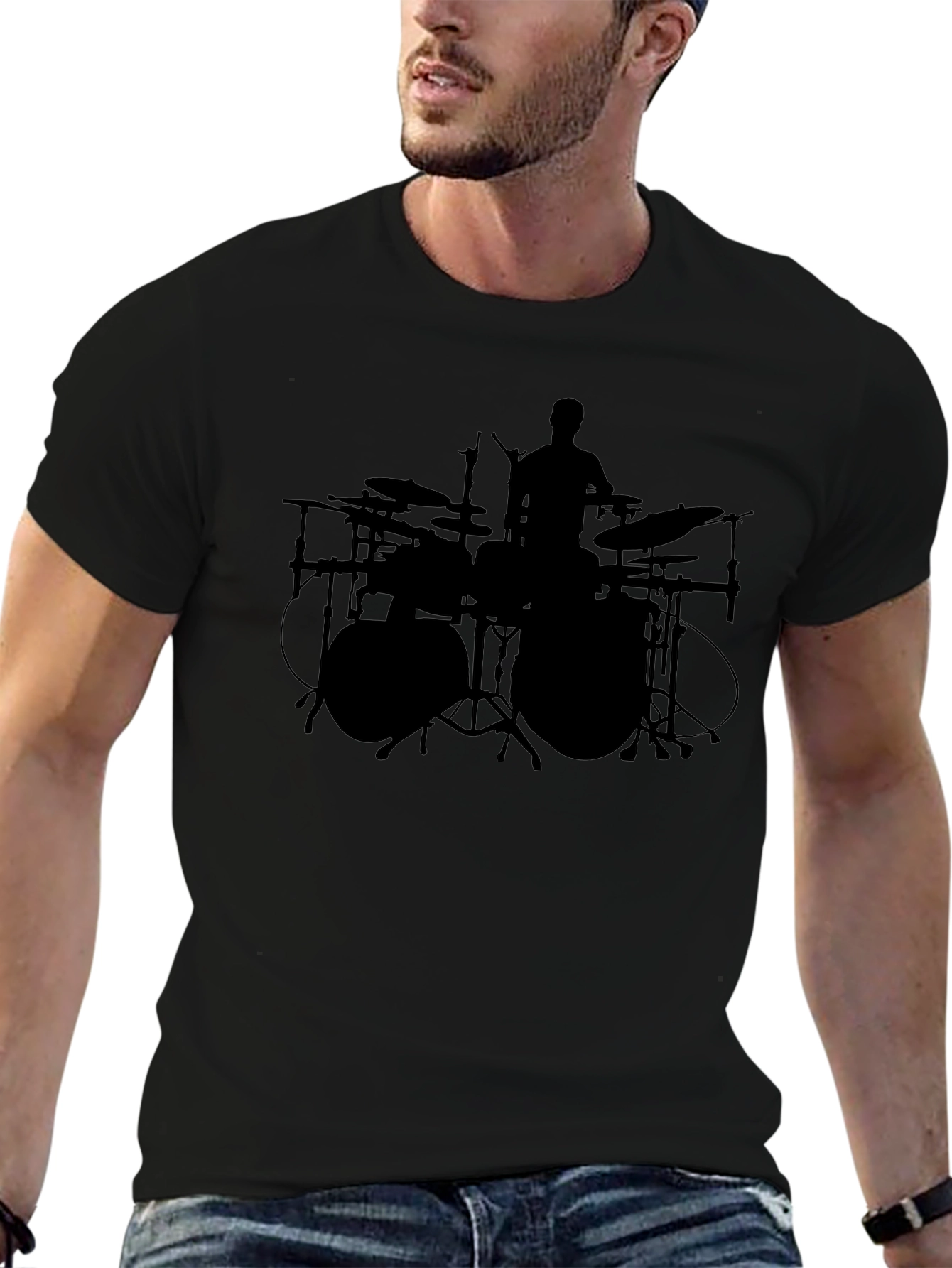 Drummer Silhouette Graphic Tee - Black Cotton Crew Neck
