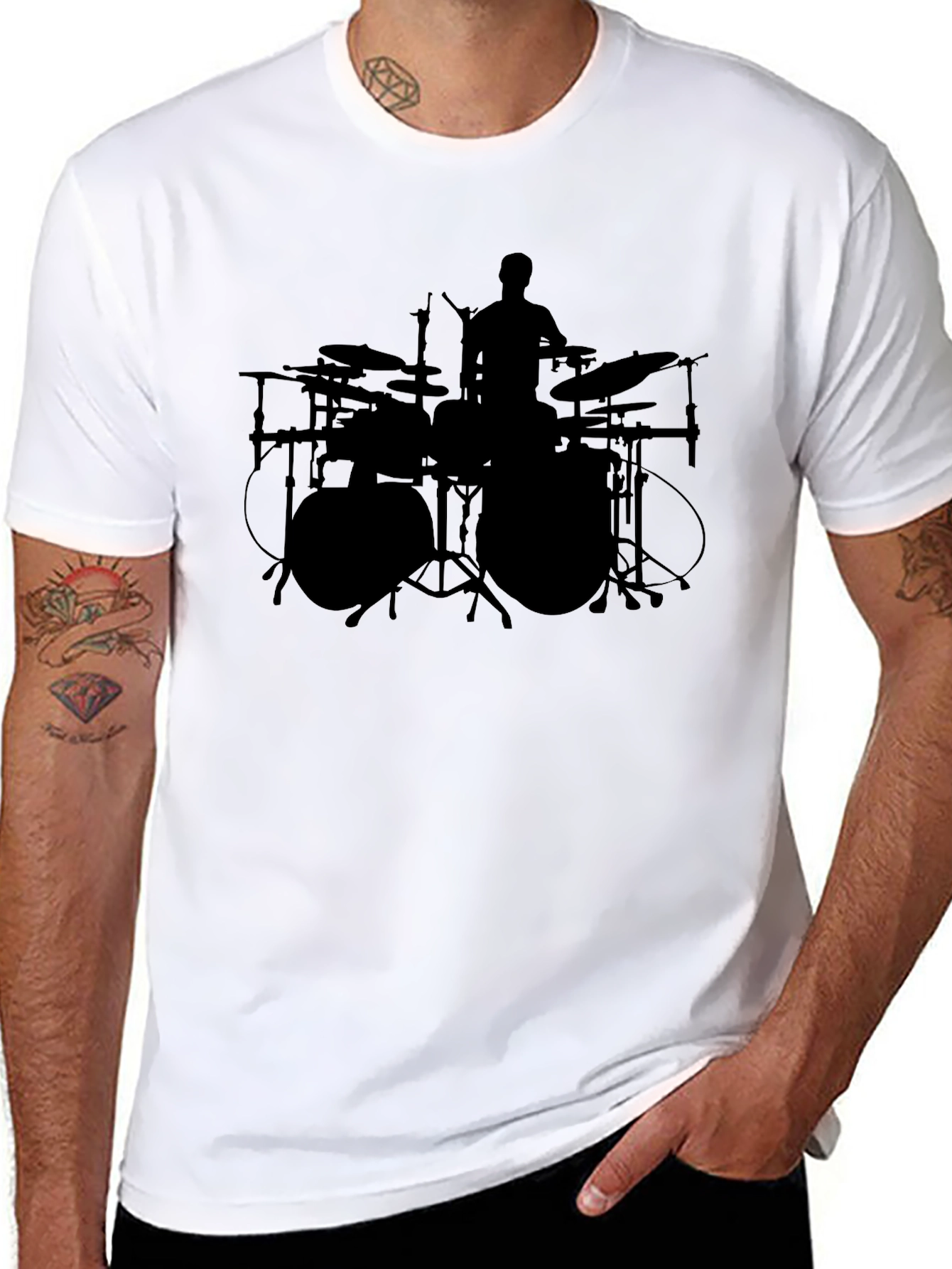 Drummer Silhouette Graphic Tee - Black Cotton Crew Neck