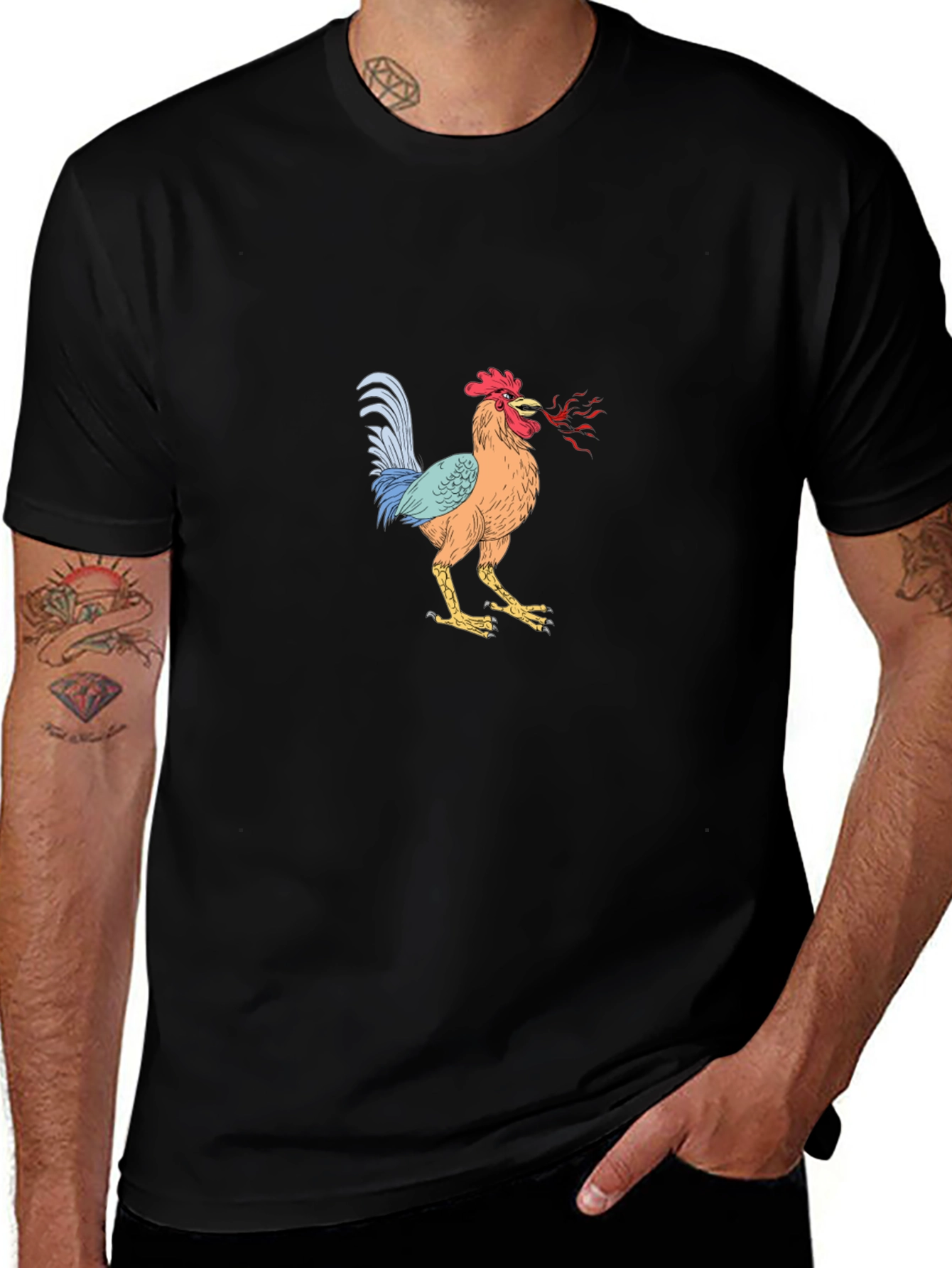 Mens Black T-Shirt with Rooster Graphic