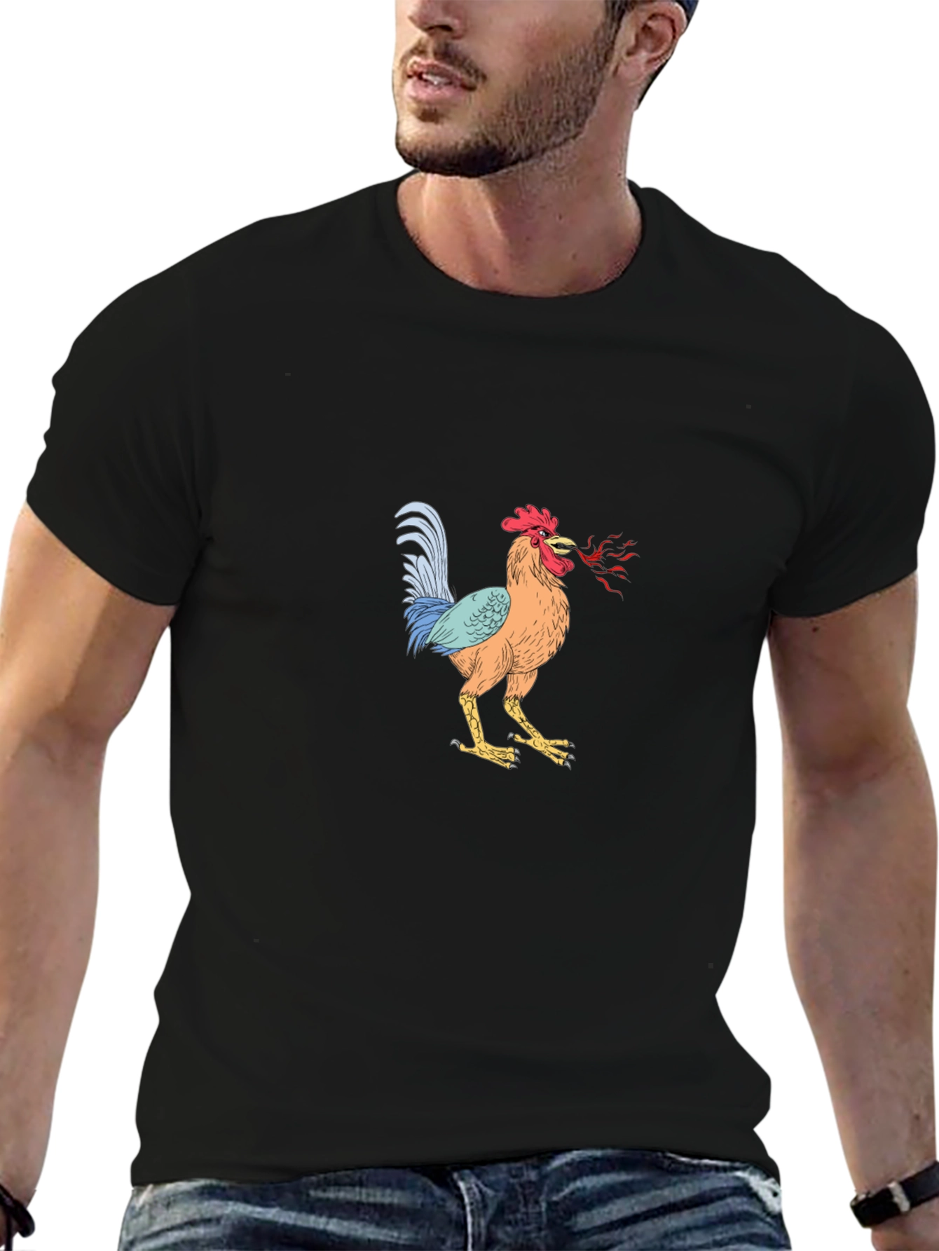 Mens Black T-Shirt with Rooster Graphic
