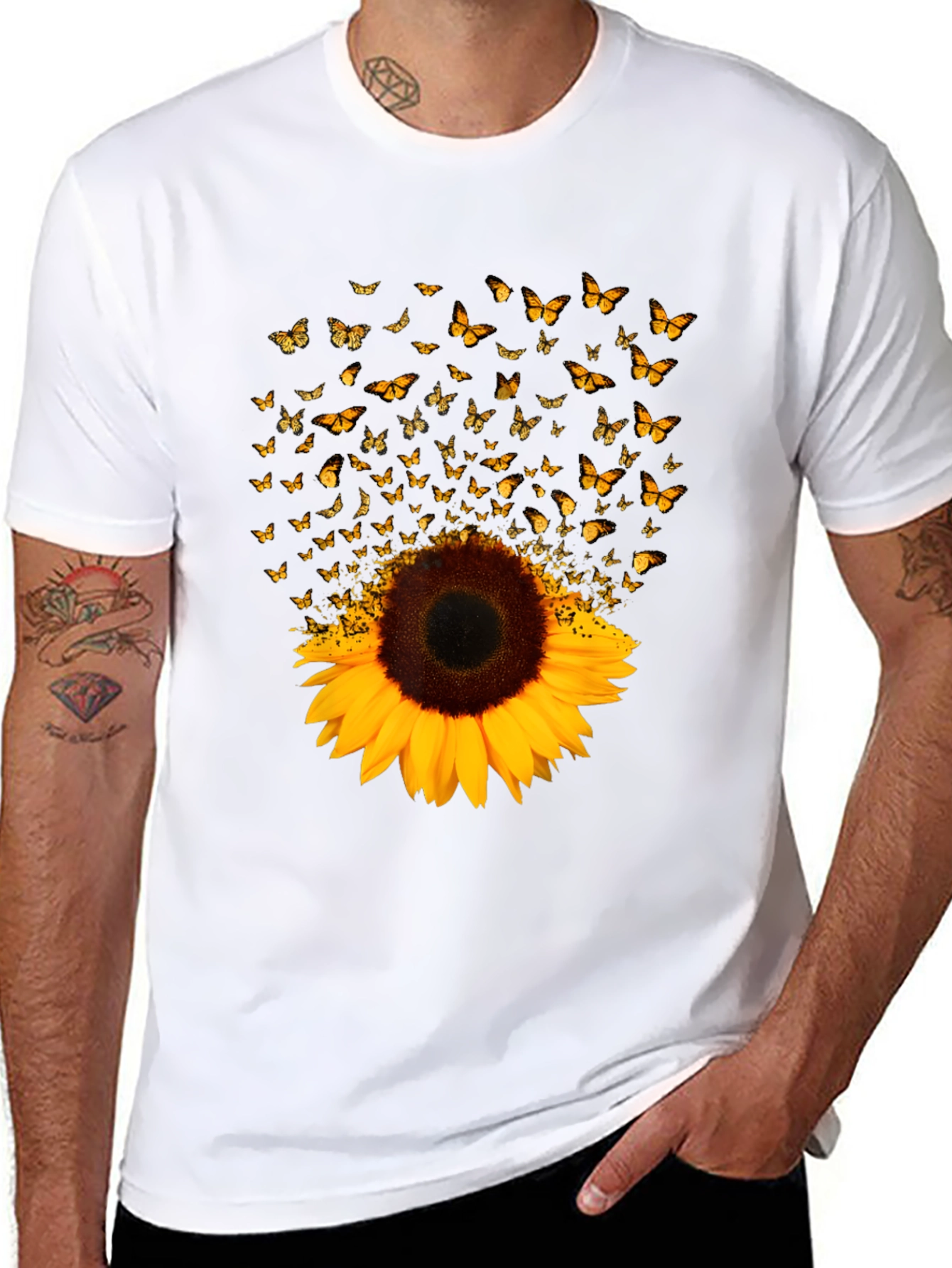 Sunflower Butterfly Graphic Black T-Shirt