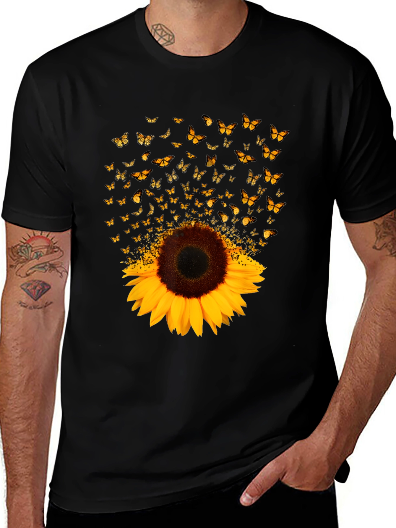 Sunflower Butterfly Graphic Black T-Shirt