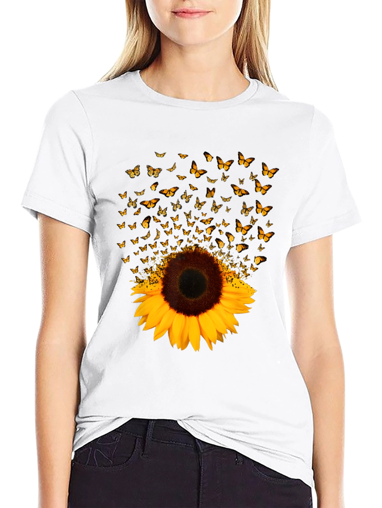Sunflower Butterfly Graphic Black T-Shirt