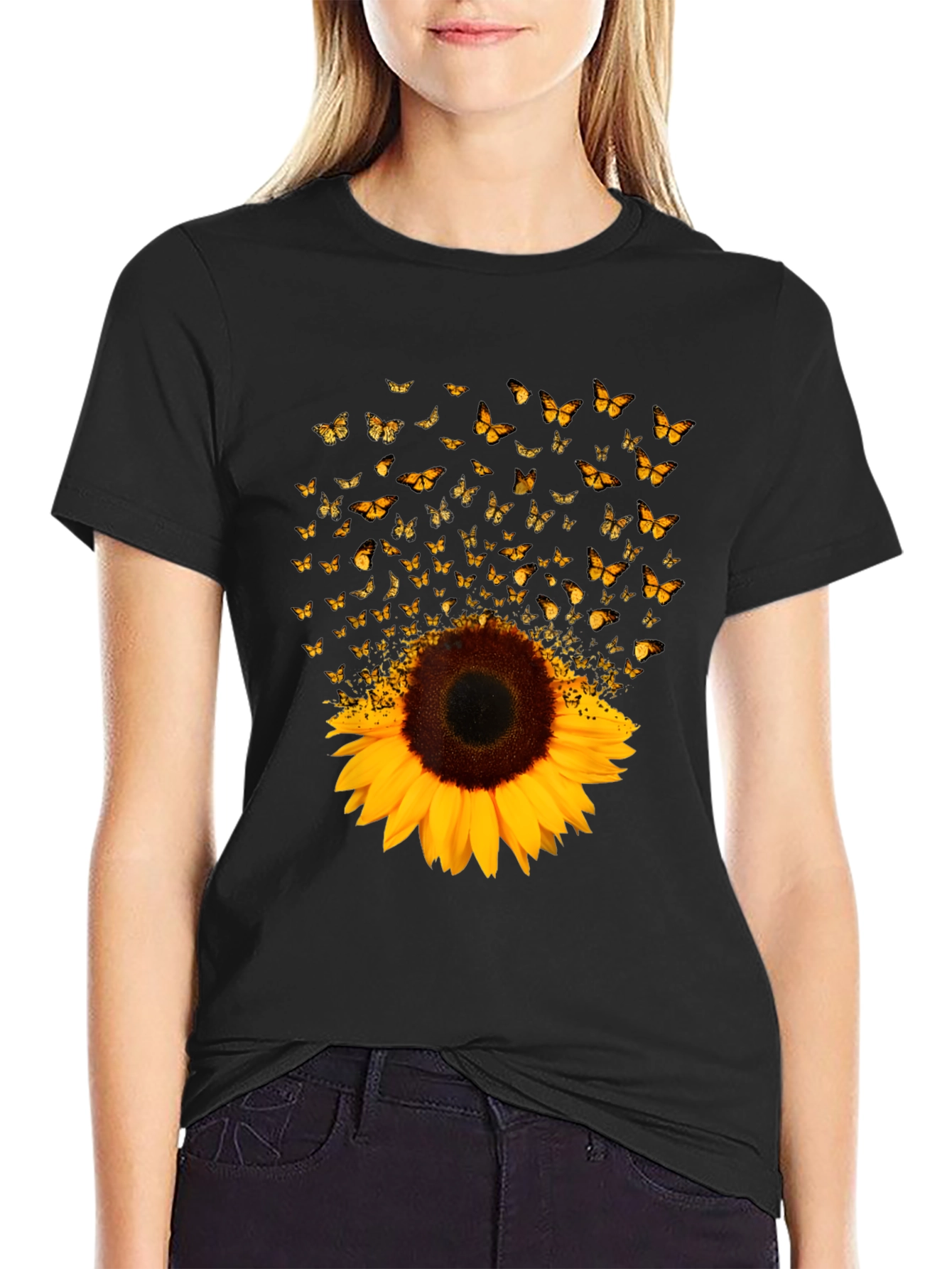 Sunflower Butterfly Graphic Black T-Shirt