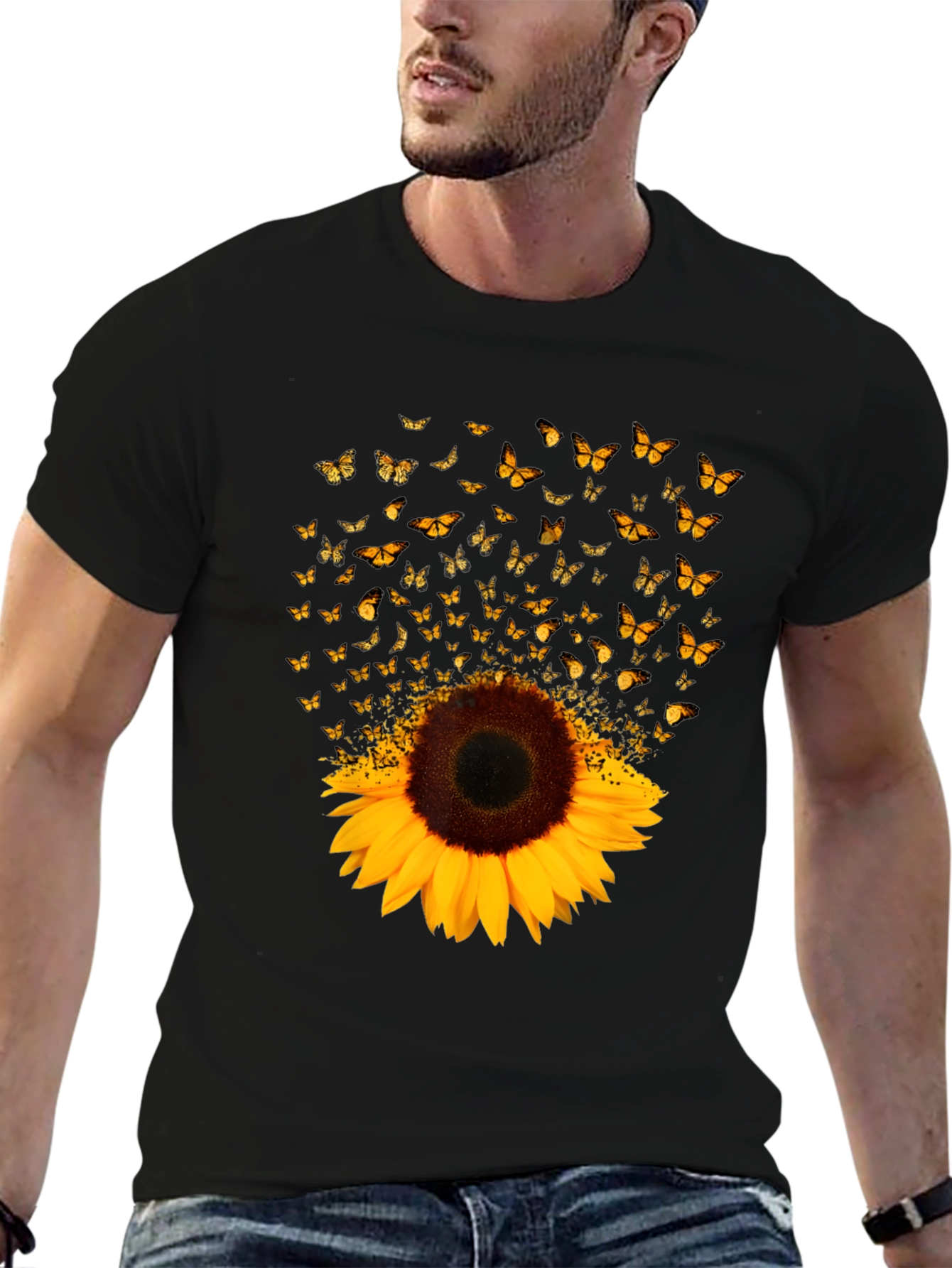 Sunflower Butterfly Graphic Black T-Shirt