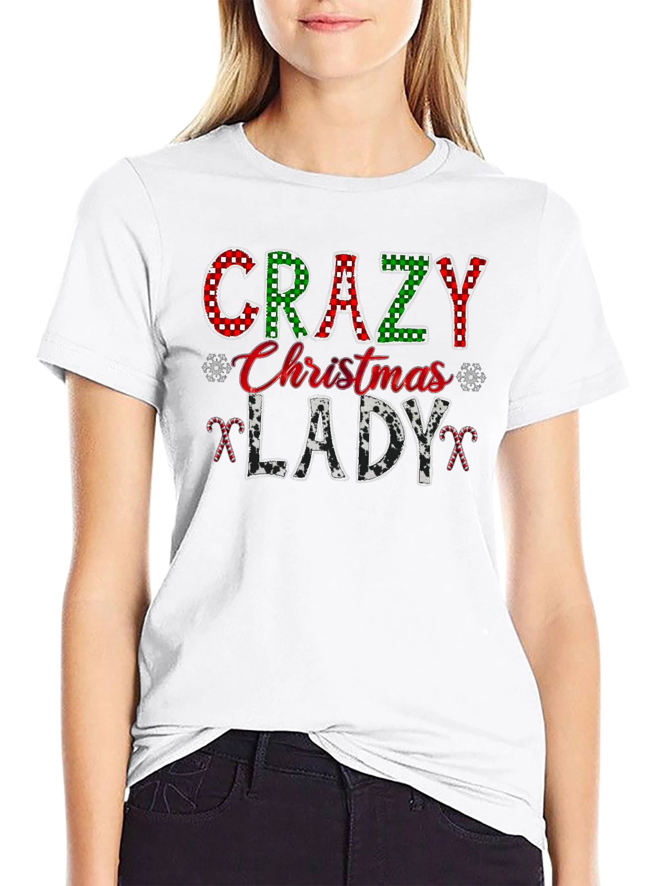 Crazy Christmas Lady Black Graphic T-Shirt