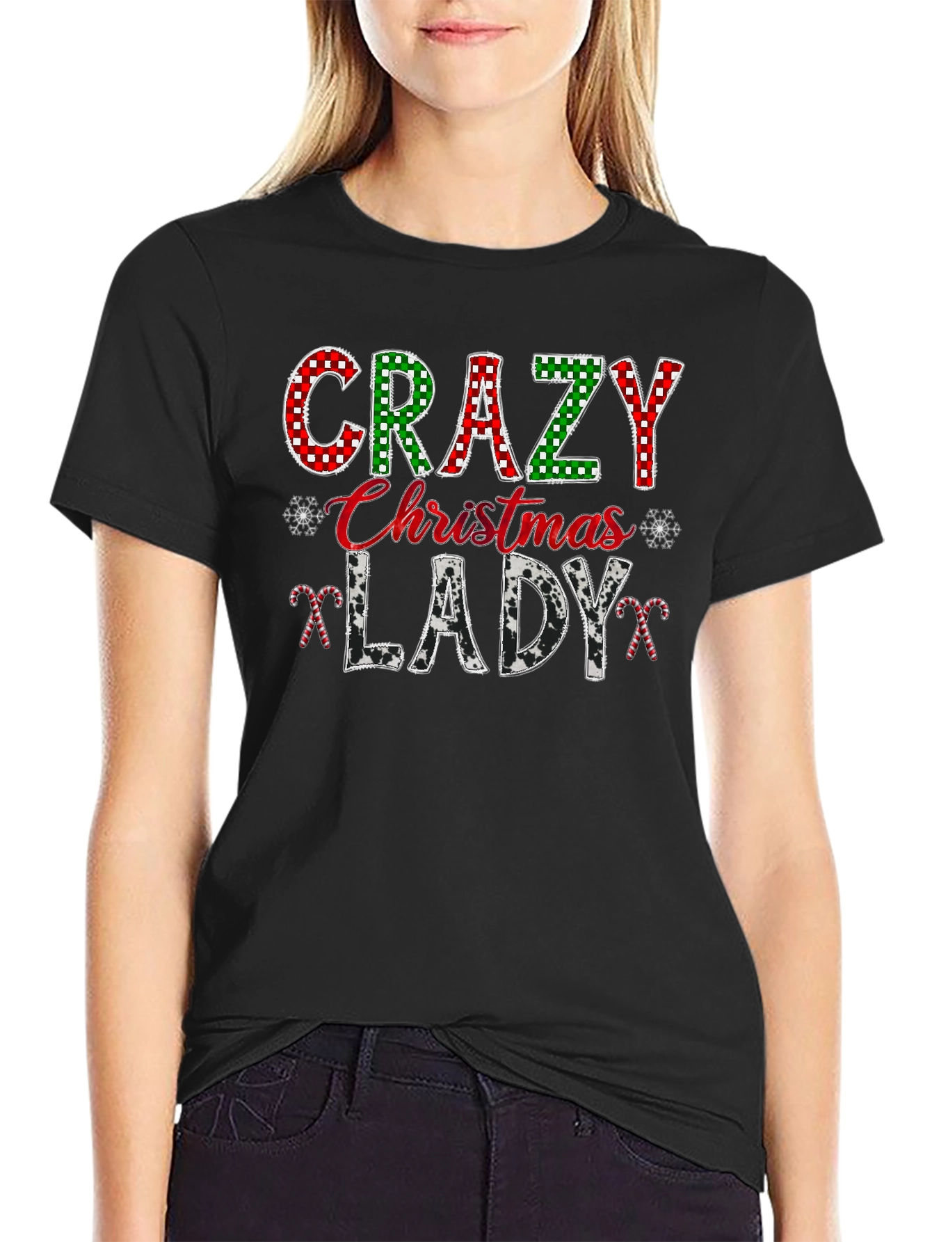 Crazy Christmas Lady Black Graphic T-Shirt
