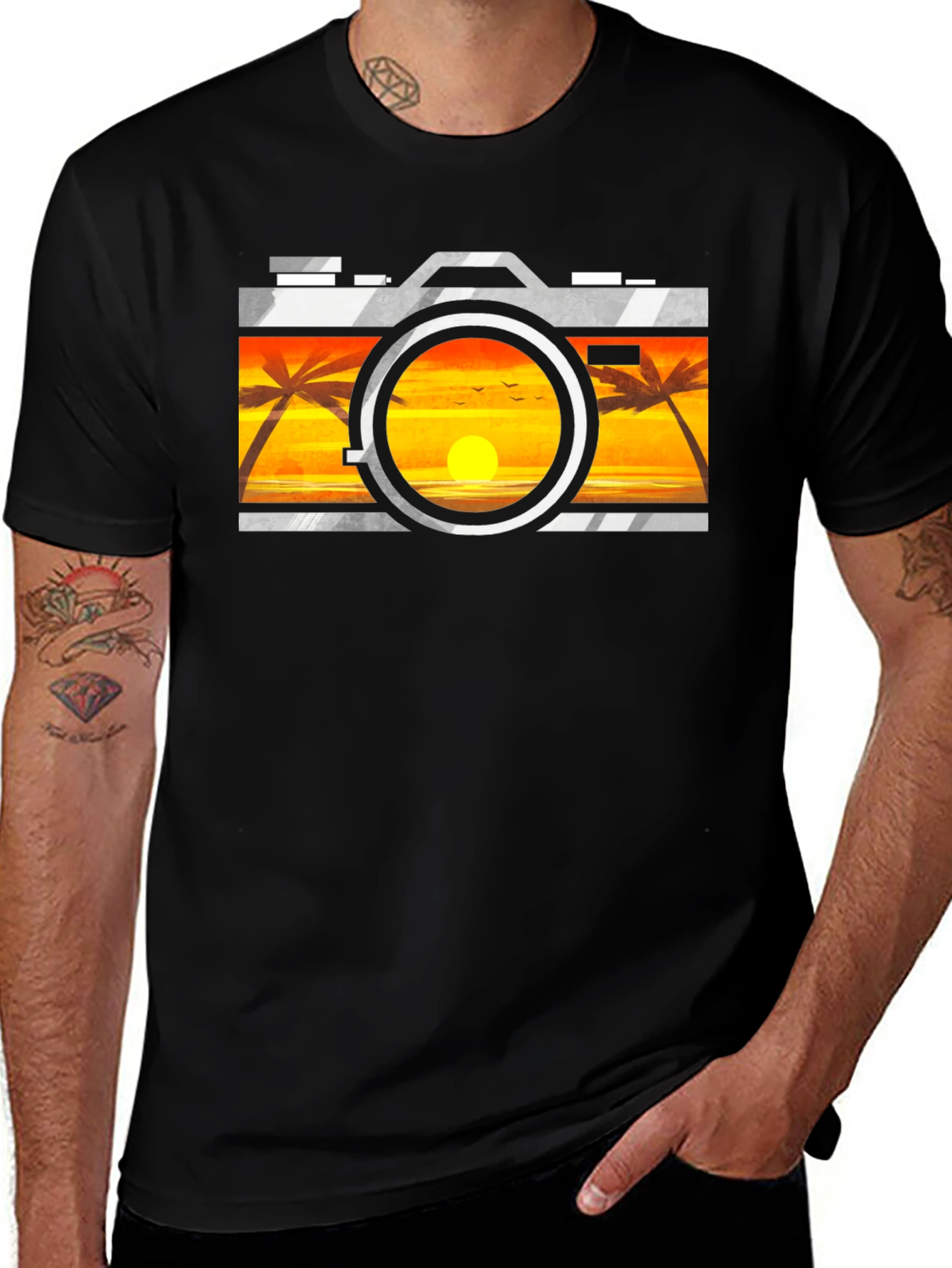 Sunset Camera Graphic Tee - Black Cotton T-Shirt