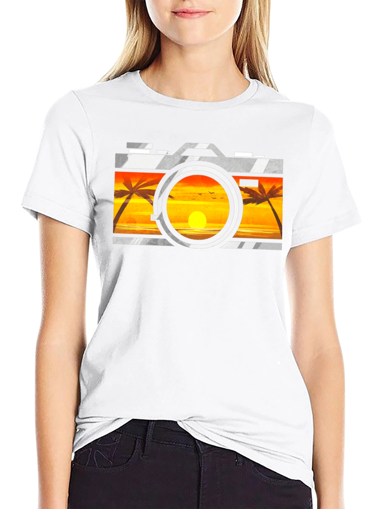 Sunset Camera Graphic Tee - Black Cotton T-Shirt