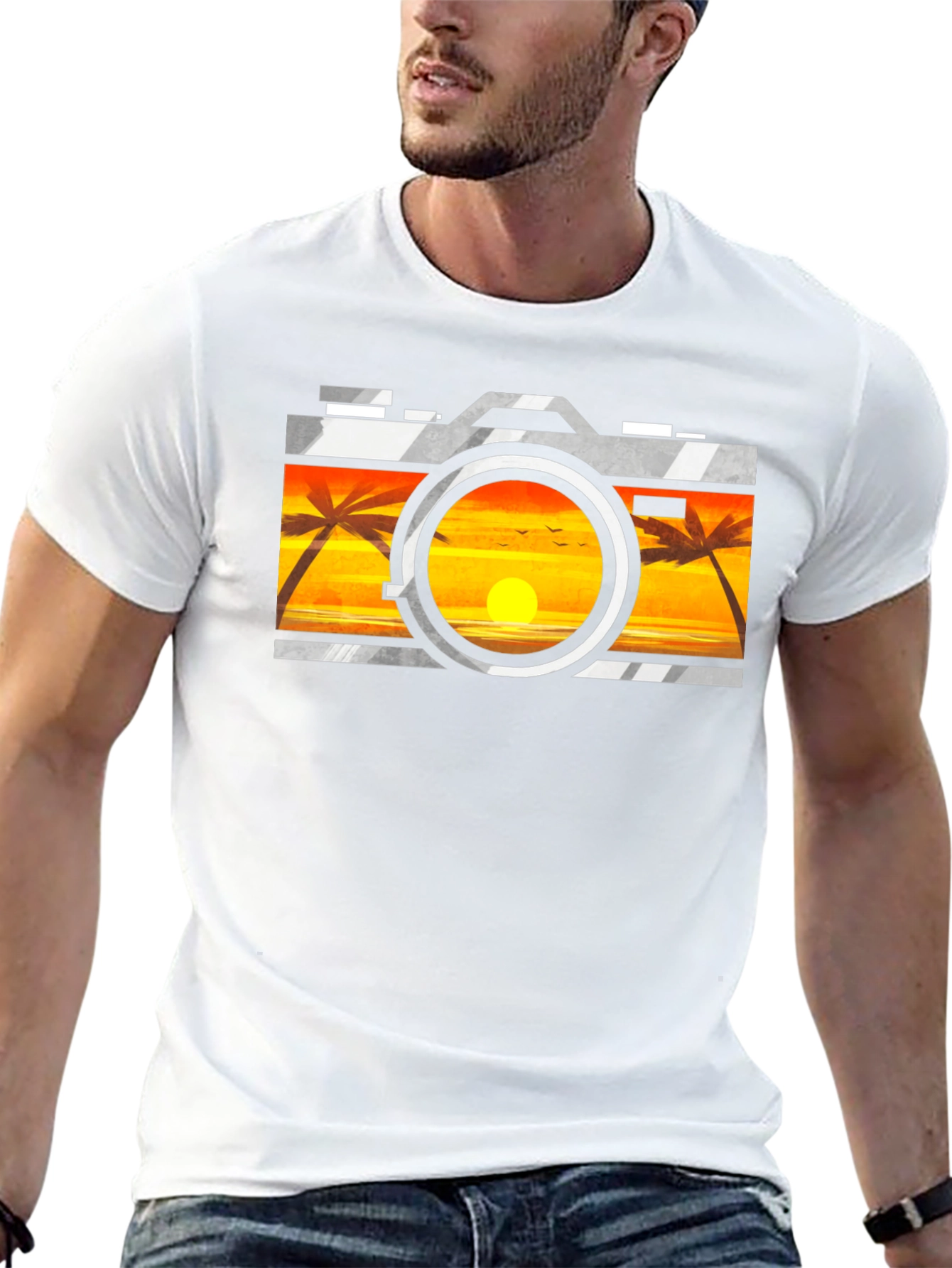 Sunset Camera Graphic Tee - Black Cotton T-Shirt