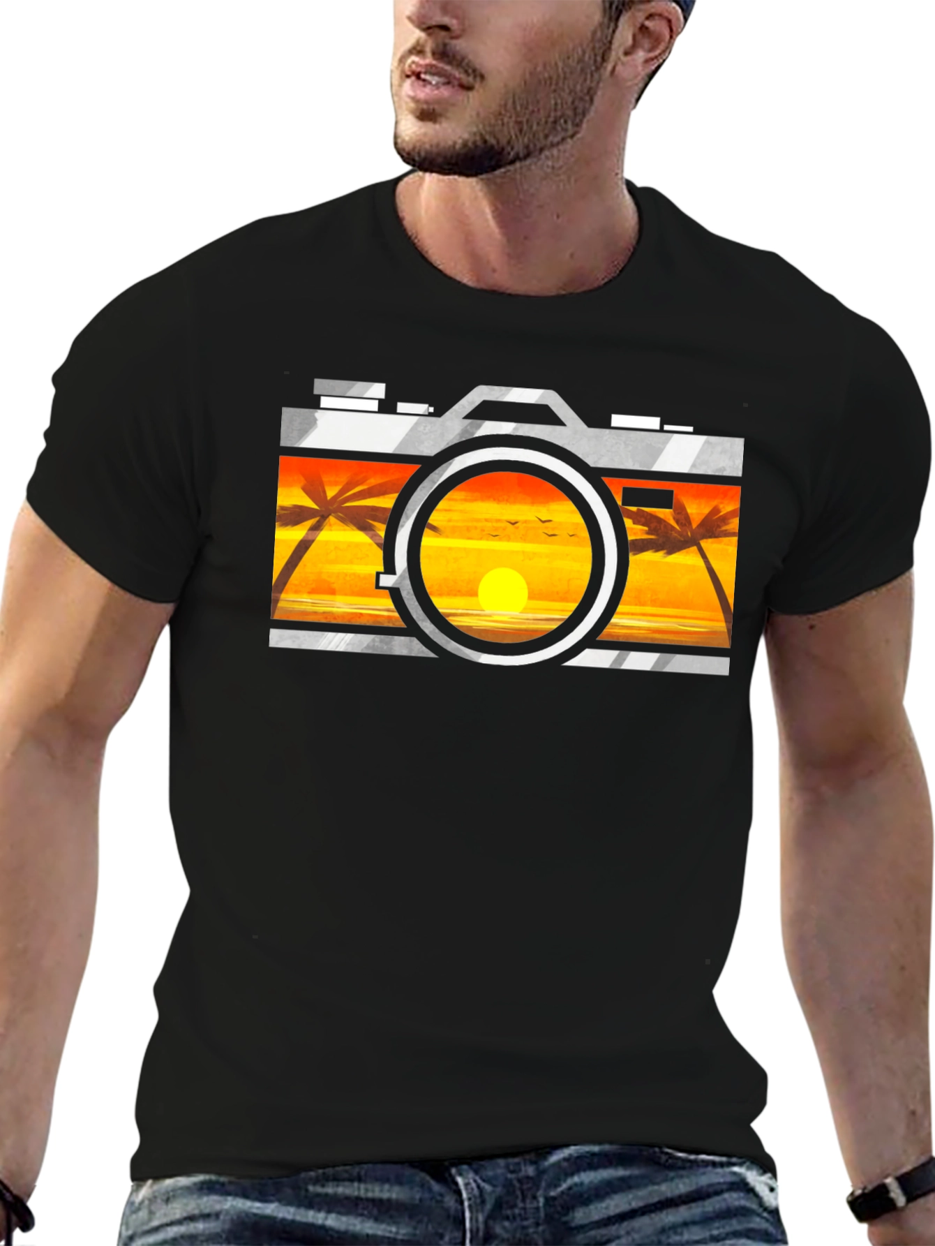 Sunset Camera Graphic Tee - Black Cotton T-Shirt