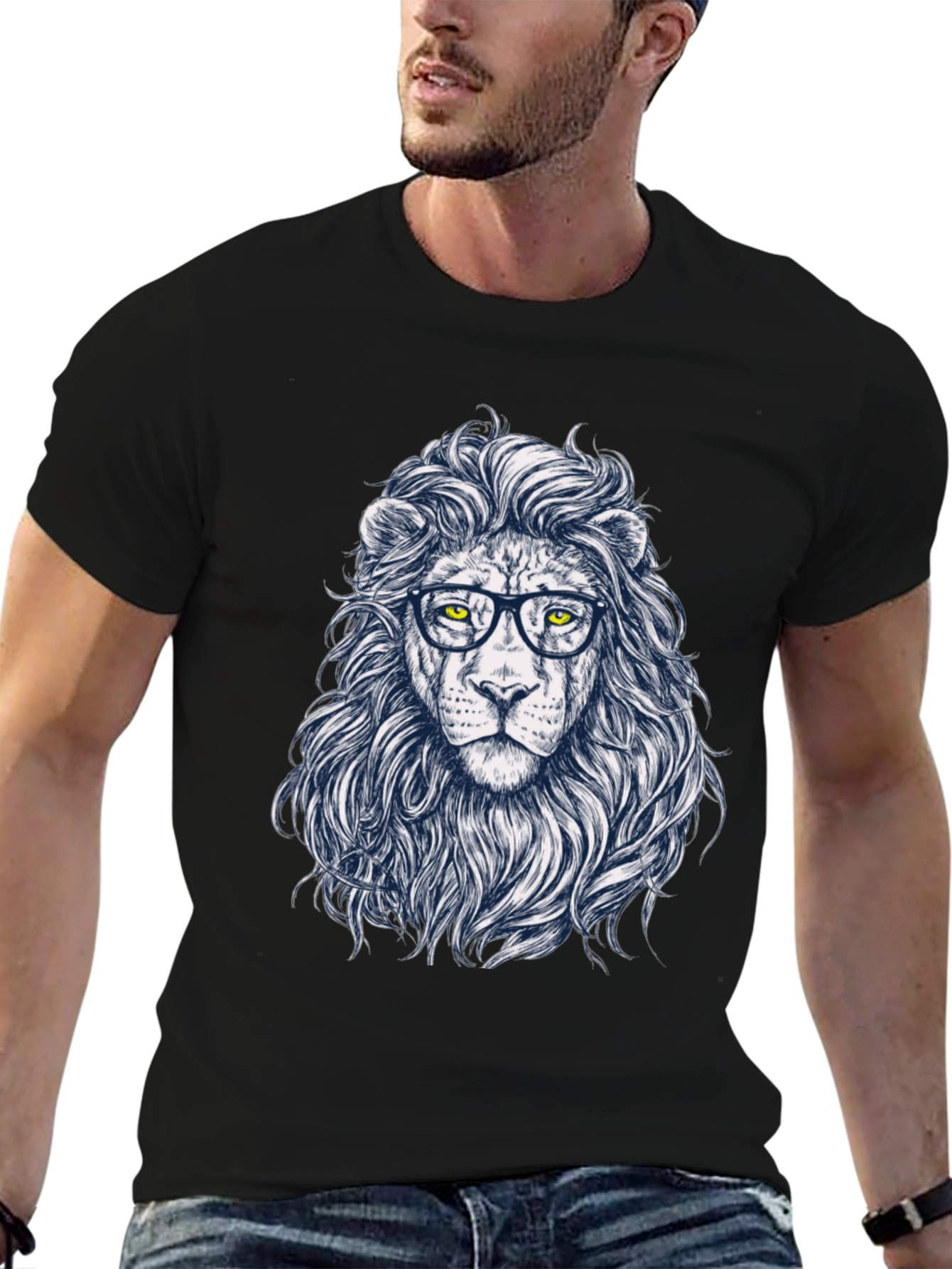 Lion with Glasses Black T-Shirt