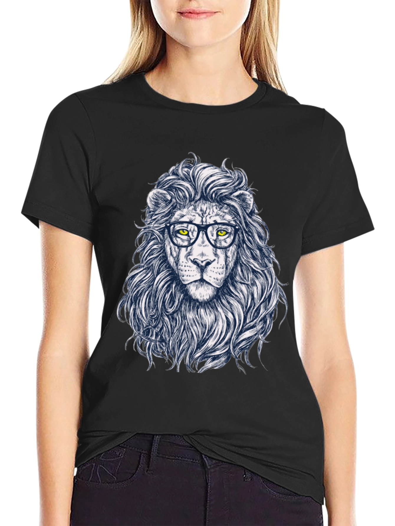 Lion with Glasses Black T-Shirt
